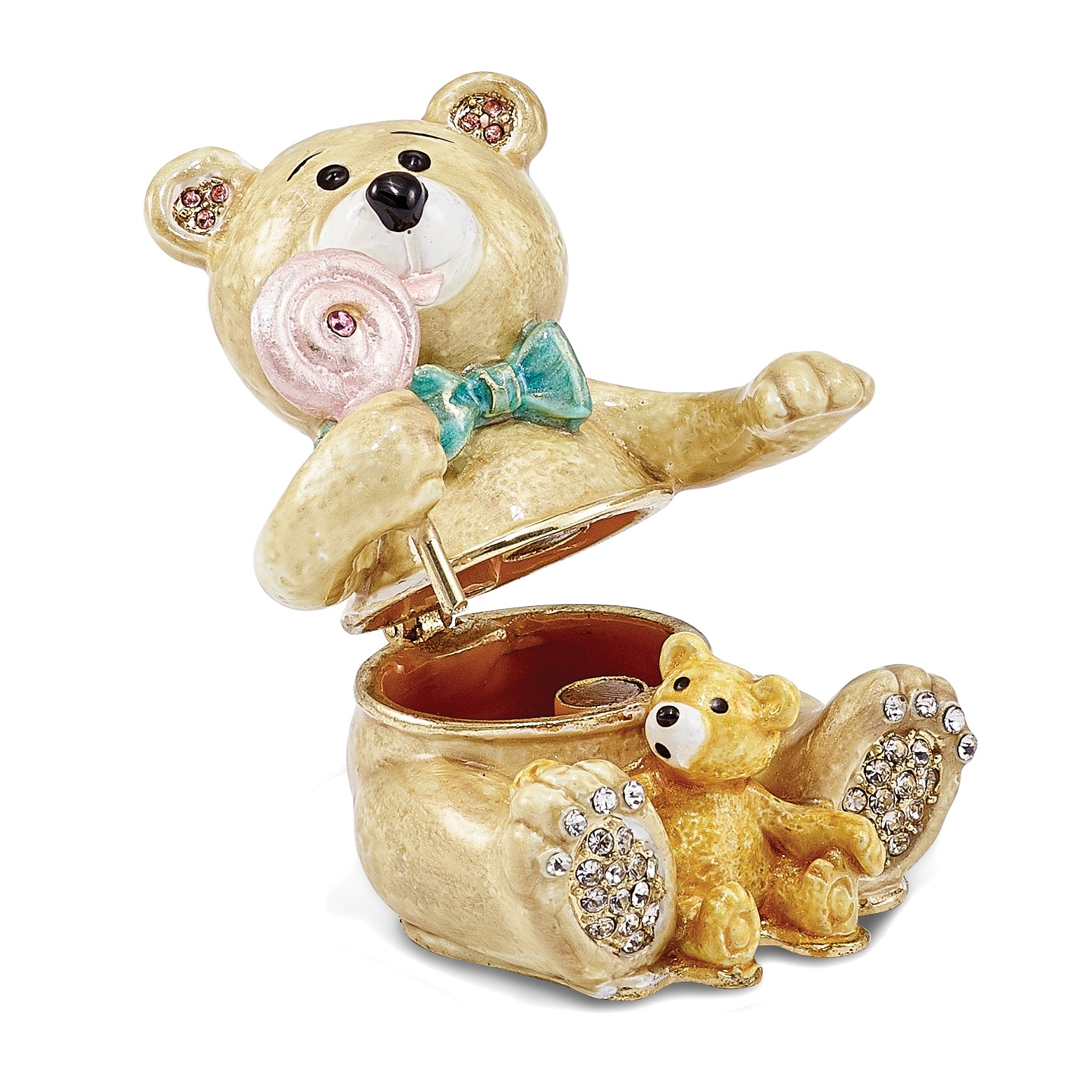 Luxury Giftware Pewter Bejeweled Crystals Gold-tone Enameled LOLLY BEARS Teddy Bears Trinket Box with Matching 18 Inch Necklace