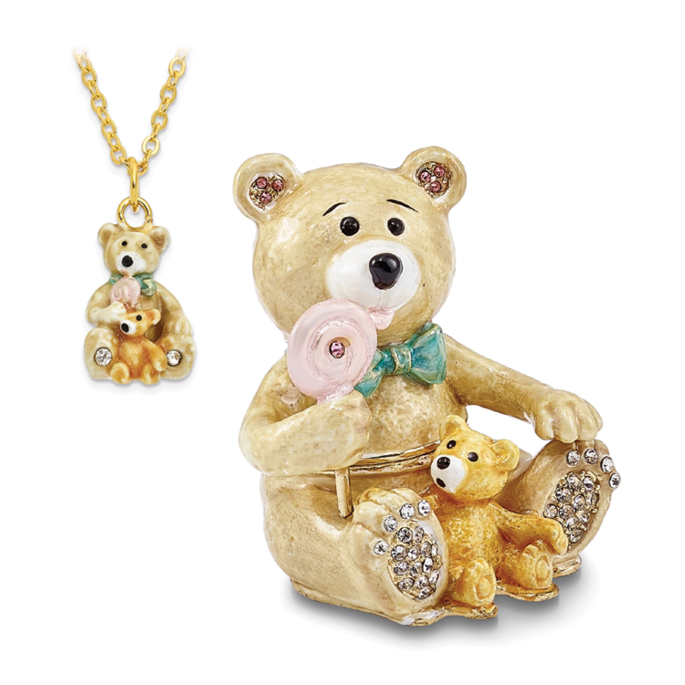 Luxury Giftware Pewter Bejeweled Crystals Gold-tone Enameled LOLLY BEARS Teddy Bears Trinket Box with Matching 18 Inch Necklace