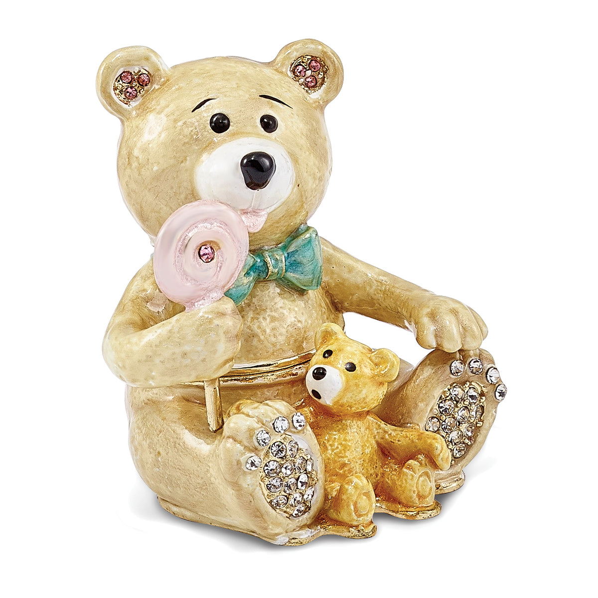 Luxury Giftware Pewter Bejeweled Crystals Gold-tone Enameled LOLLY BEARS Teddy Bears Trinket Box with Matching 18 Inch Necklace