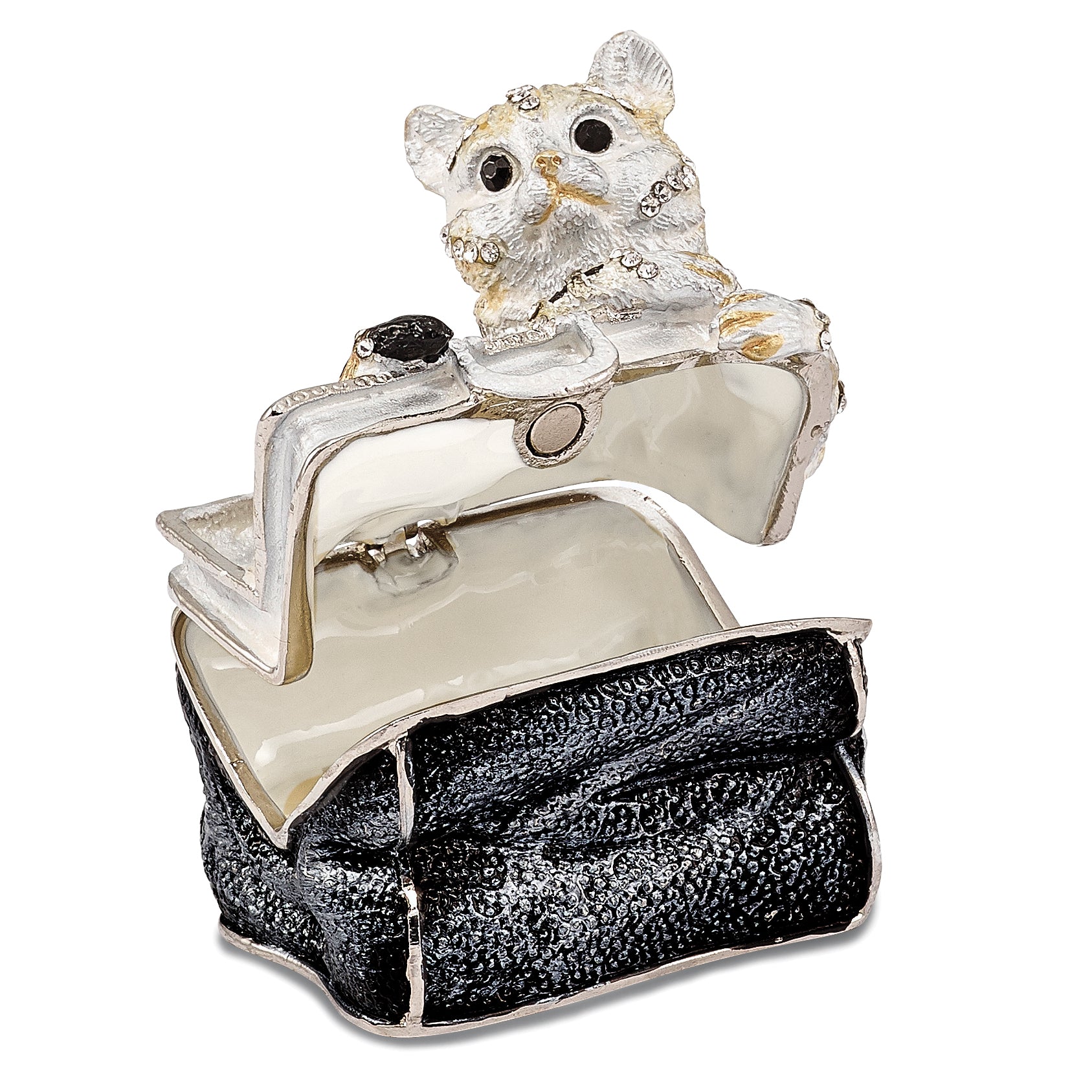 Luxury Giftware Pewter Bejeweled Crystals Silver-tone Enameled MISS KITTY Cat in Purse Trinket Box with Matching 18 Inch Necklace