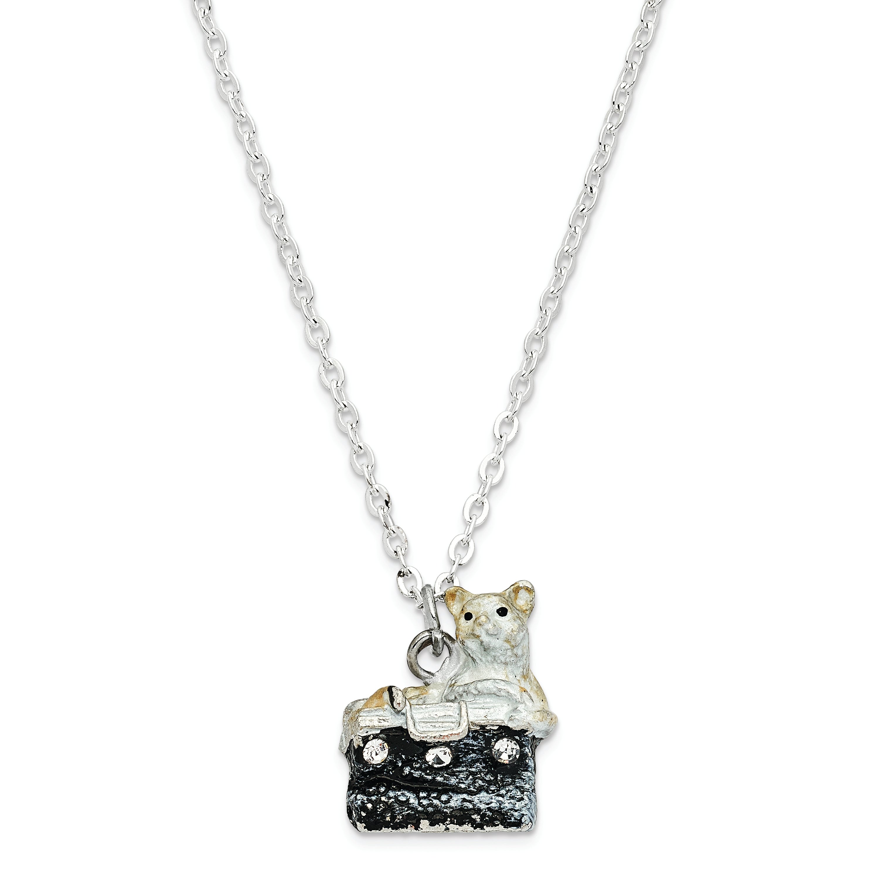 Luxury Giftware Pewter Bejeweled Crystals Silver-tone Enameled MISS KITTY Cat in Purse Trinket Box with Matching 18 Inch Necklace