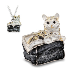 Luxury Giftware Pewter Bejeweled Crystals Silver-tone Enameled MISS KITTY Cat in Purse Trinket Box with Matching 18 Inch Necklace