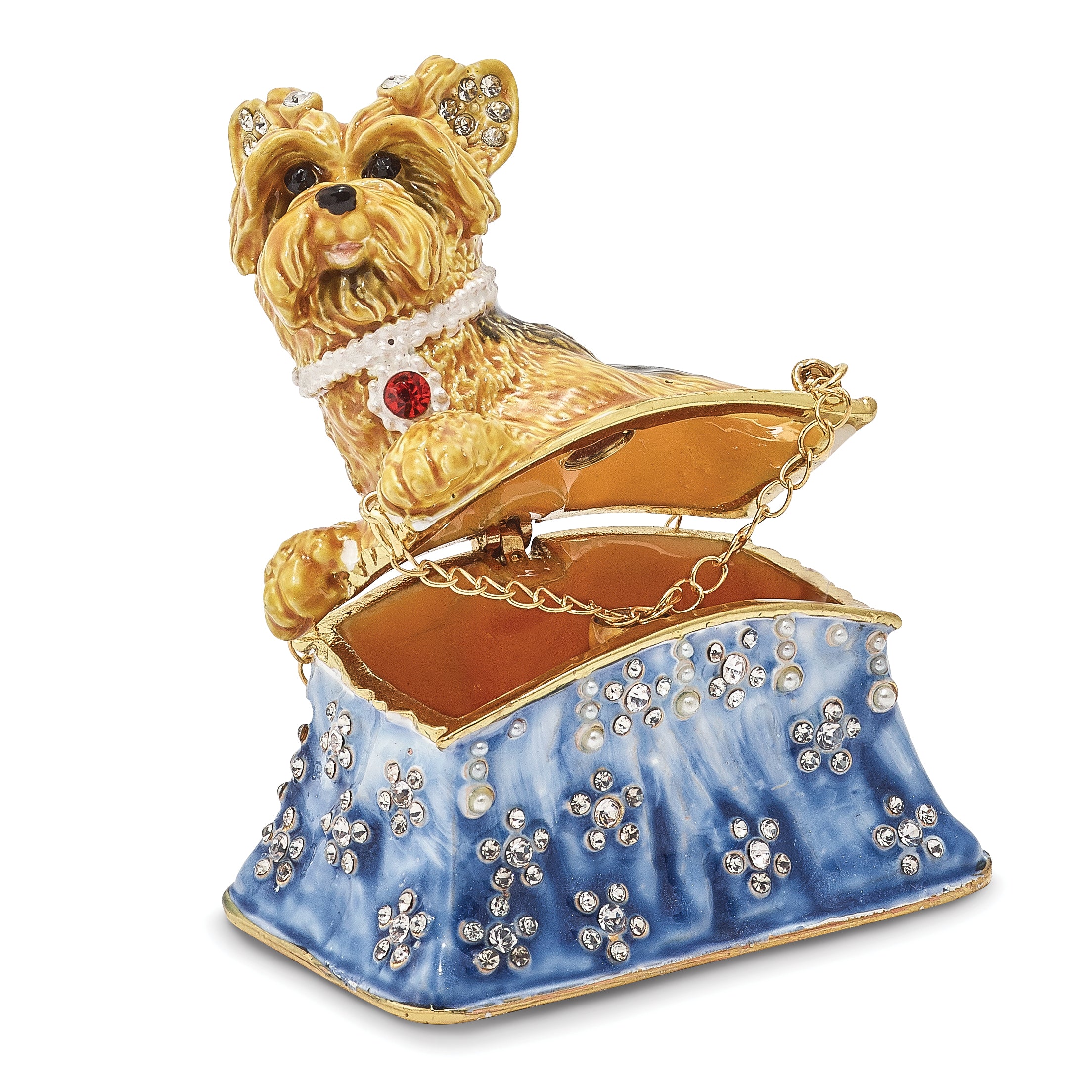 Luxury Giftware Pewter Bejeweled Crystals Gold-tone Enameled TWINKLES Yorkshire Terrier in Tote Trinket Box with Matching 18 Inch Necklace