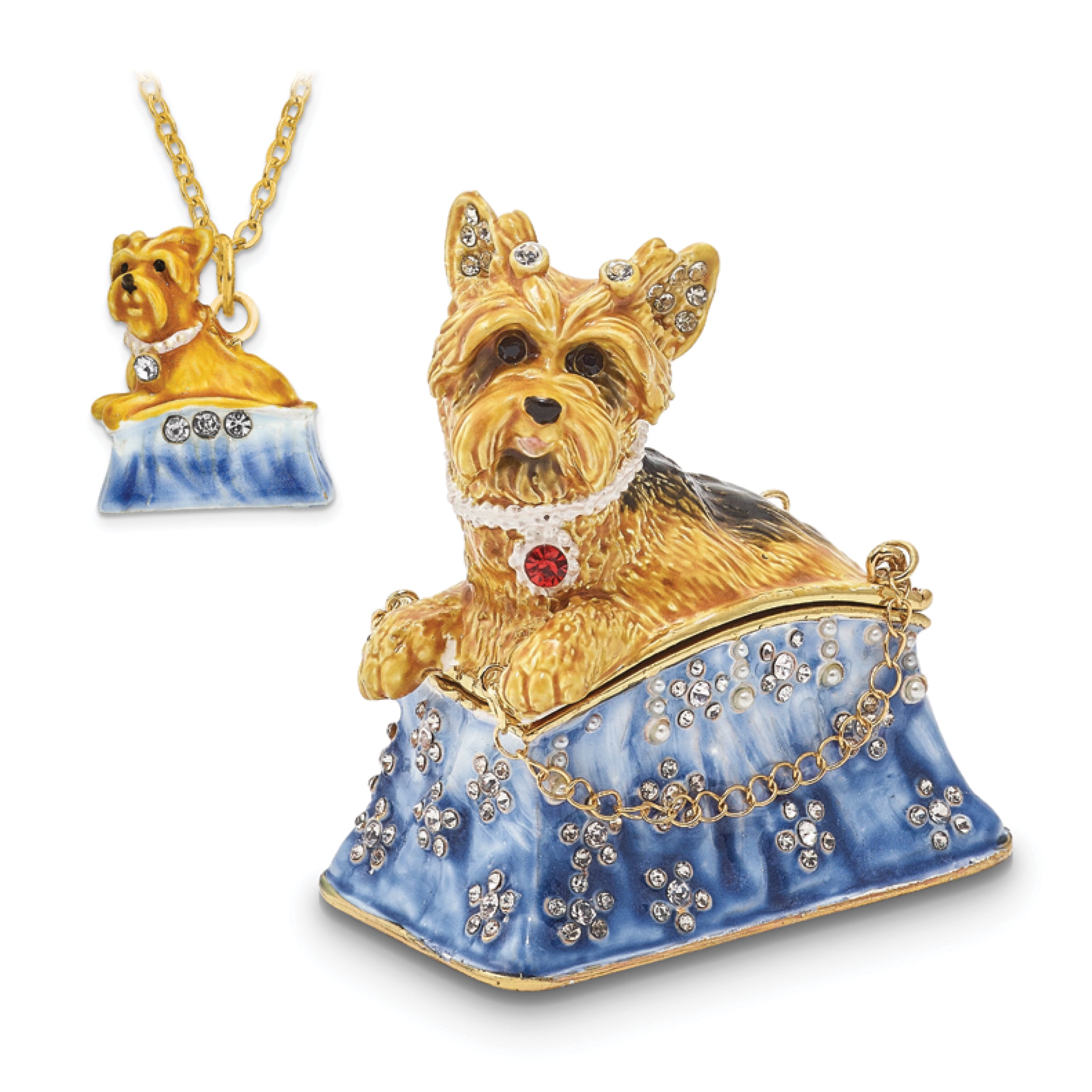 Luxury Giftware Pewter Bejeweled Crystals Gold-tone Enameled TWINKLES Yorkshire Terrier in Tote Trinket Box with Matching 18 Inch Necklace