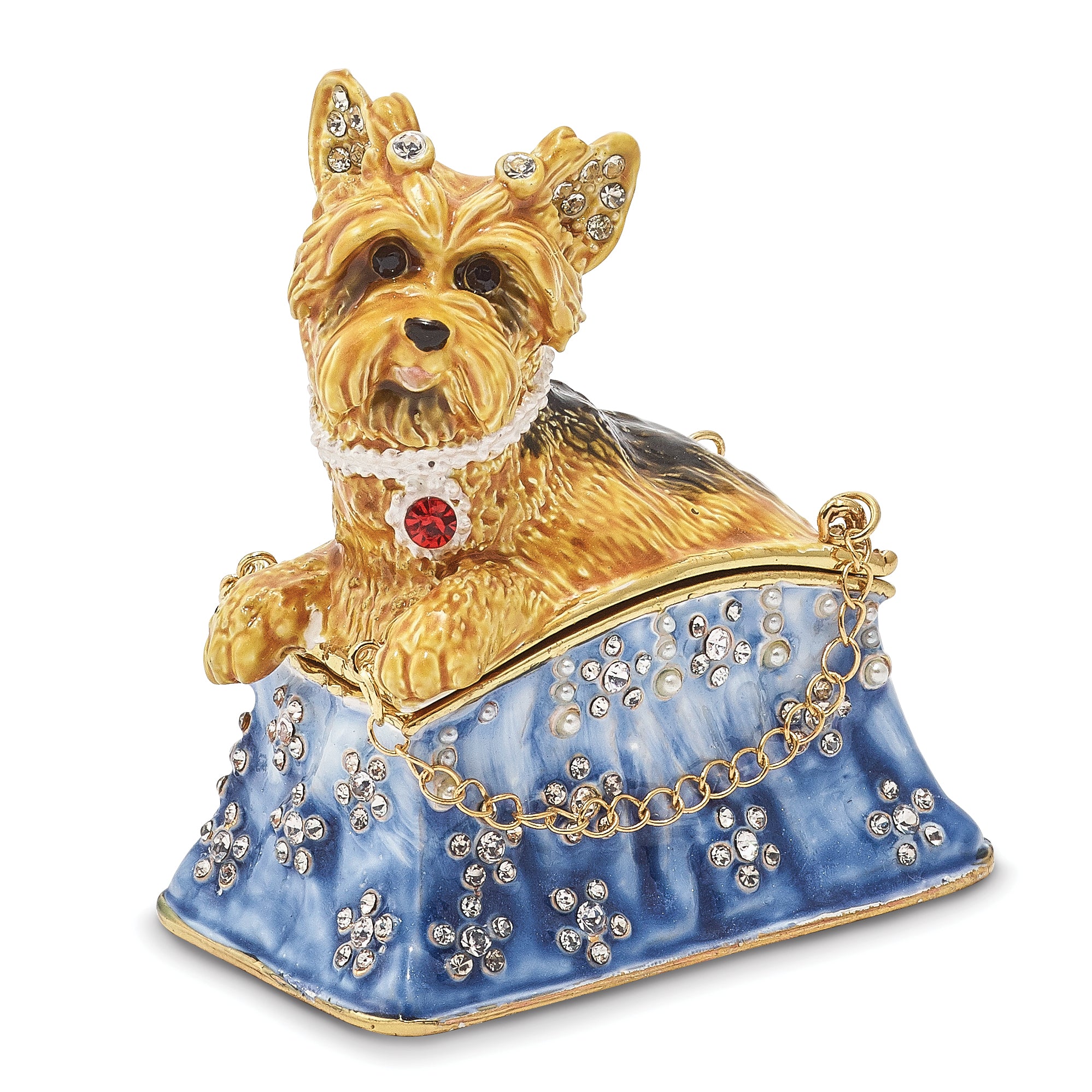 Luxury Giftware Pewter Bejeweled Crystals Gold-tone Enameled TWINKLES Yorkshire Terrier in Tote Trinket Box with Matching 18 Inch Necklace