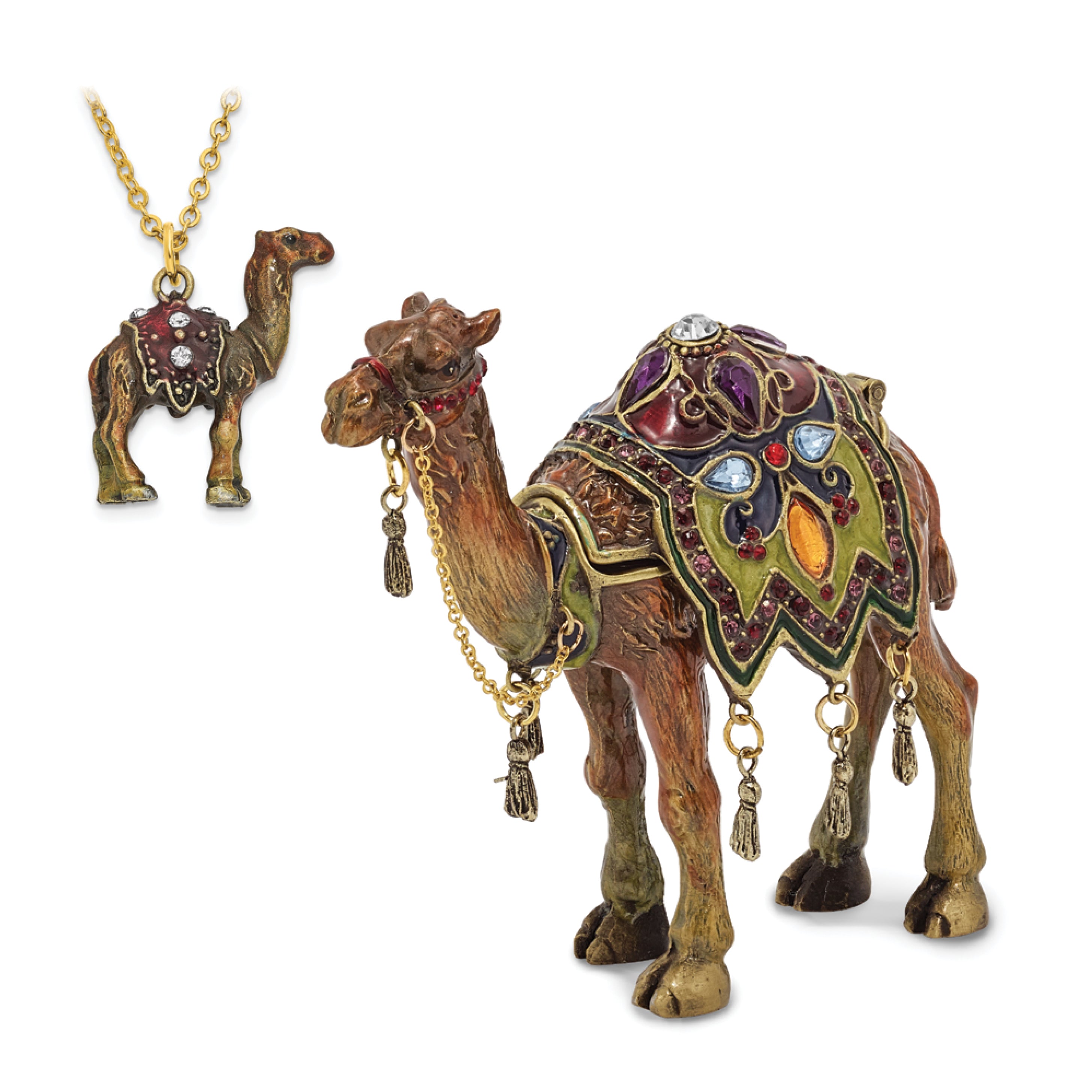 Luxury Giftware Pewter Bejeweled Crystals Gold-tone Enameled AMIR Prince of the Desert Camel Trinket Box with Matching 18 Inch Necklace