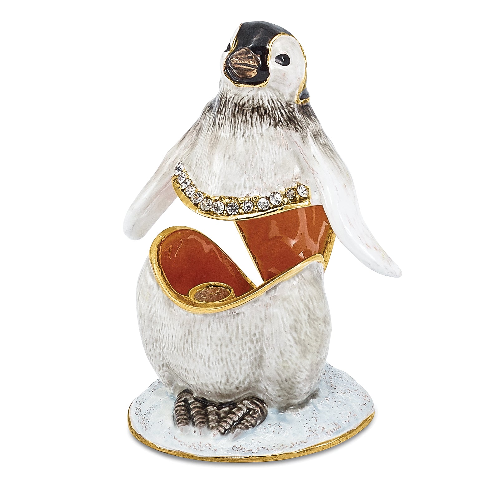 Luxury Giftware Pewter Bejeweled Crystals Gold-tone Enameled PEEPS Baby Penguin Trinket Box with Matching 18 Inch Necklace