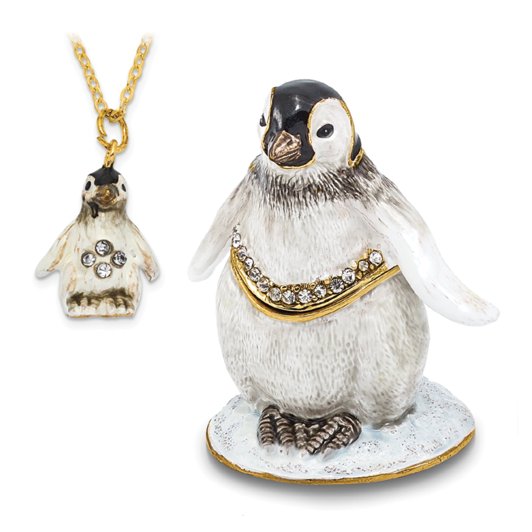 Luxury Giftware Pewter Bejeweled Crystals Gold-tone Enameled PEEPS Baby Penguin Trinket Box with Matching 18 Inch Necklace