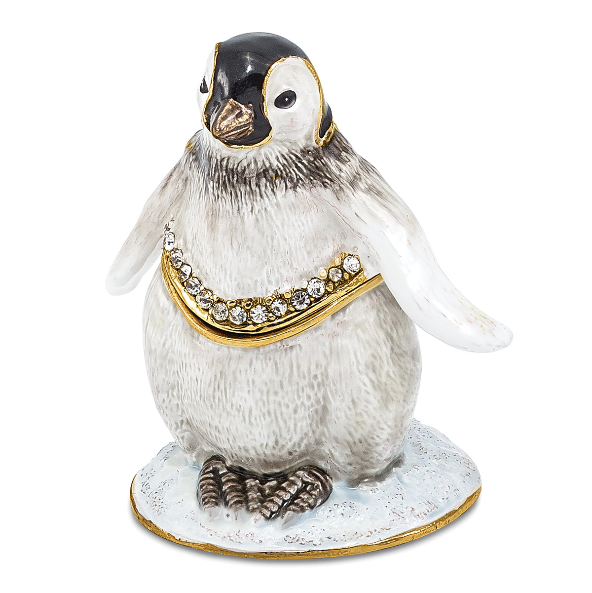 Luxury Giftware Pewter Bejeweled Crystals Gold-tone Enameled PEEPS Baby Penguin Trinket Box with Matching 18 Inch Necklace