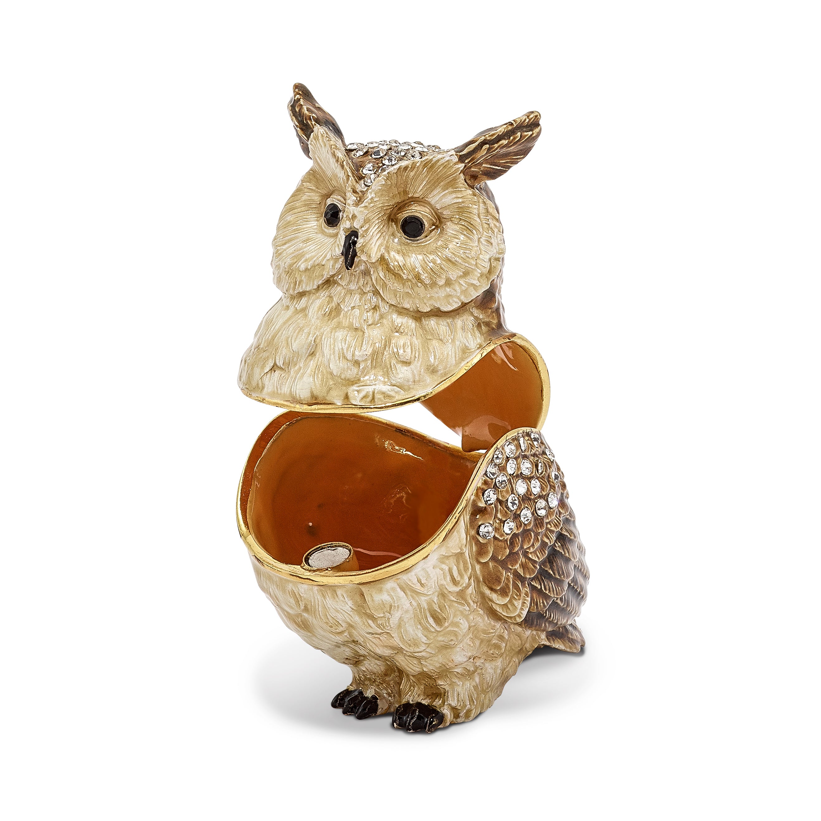 Luxury Giftware Pewter Bejeweled Crystals Gold-tone Enameled HOOTIE Horned Owl Trinket Box with Matching 18 Inch Necklace