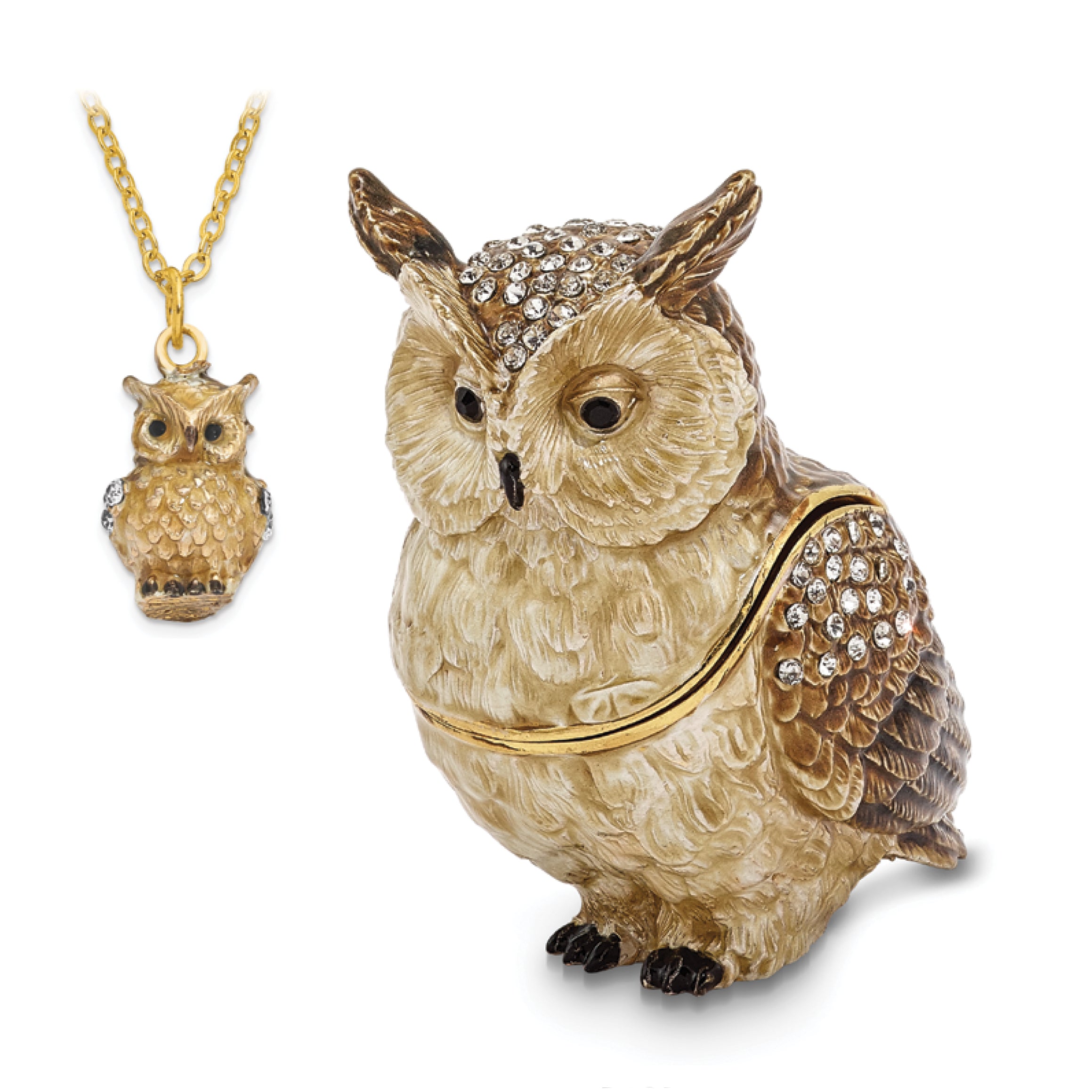 Luxury Giftware Pewter Bejeweled Crystals Gold-tone Enameled HOOTIE Horned Owl Trinket Box with Matching 18 Inch Necklace