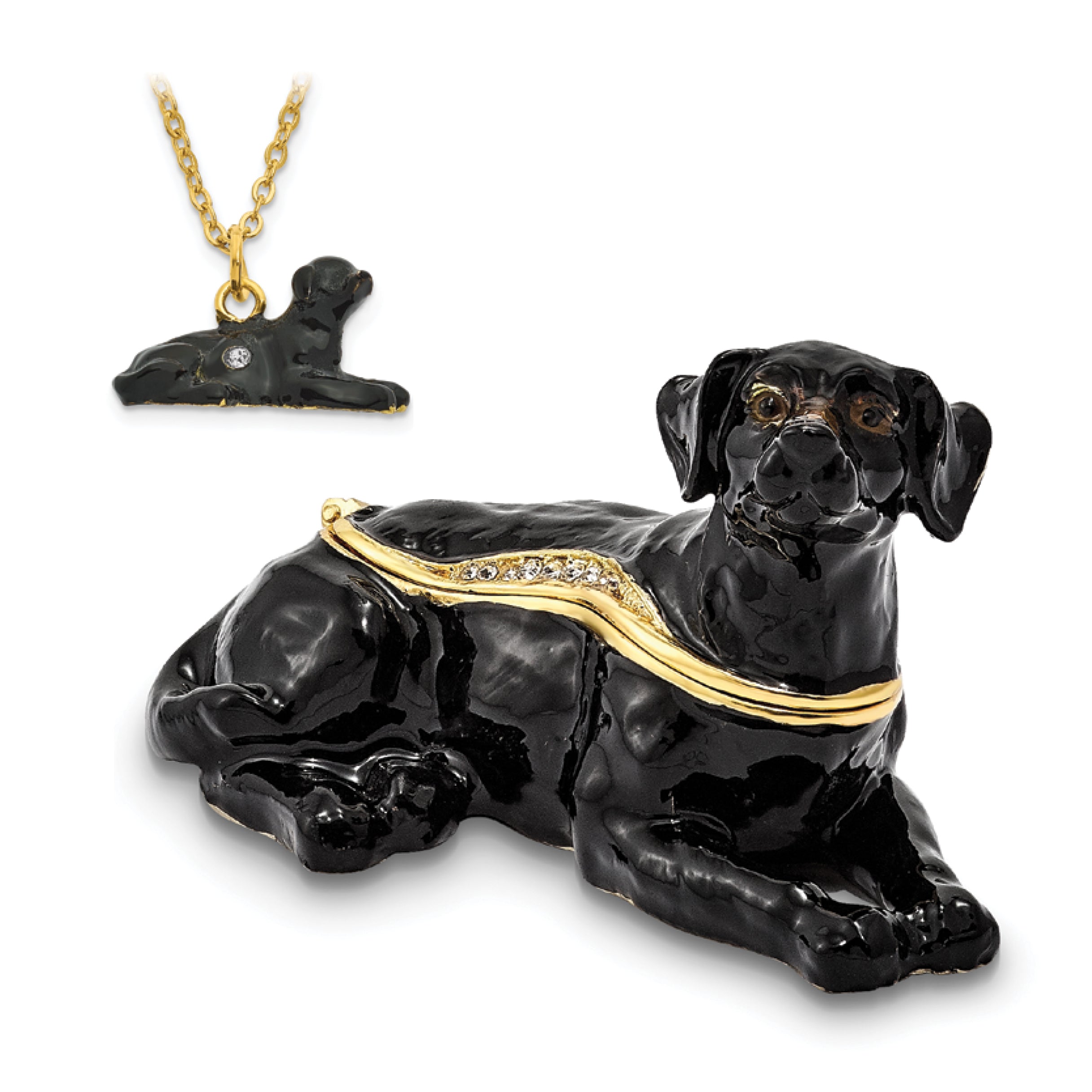 Luxury Giftware Pewter Bejeweled Crystals Gold-tone Enameled KOOP Black Labrador Retriever Trinket Box with Matching 18 Inch Necklace