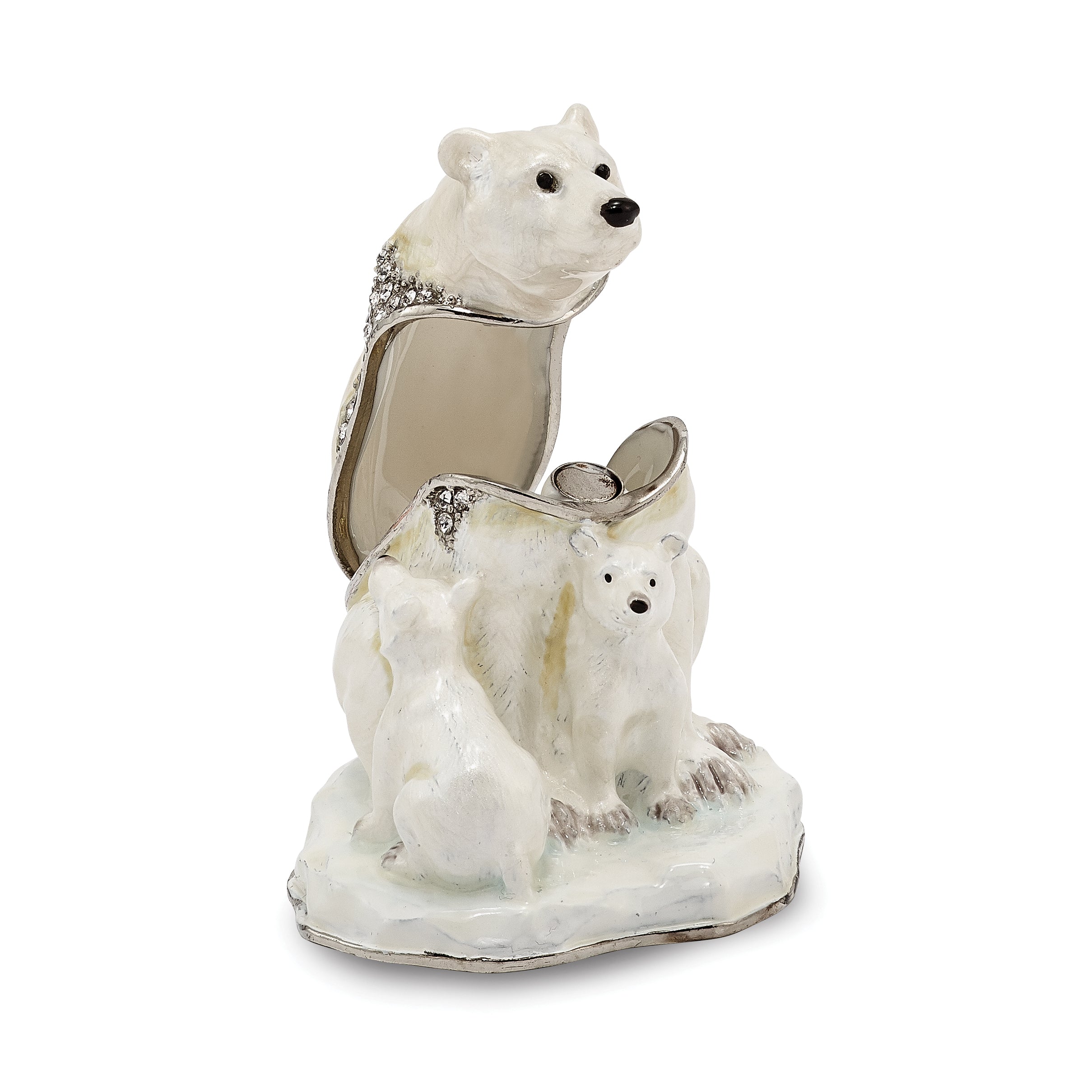 Luxury Giftware Pewter Bejeweled Crystals Silver-tone Enameled MAMA BEAR w/AVA & ASHER Polar Bears Trinket Box with Matching 18 Inch Necklace