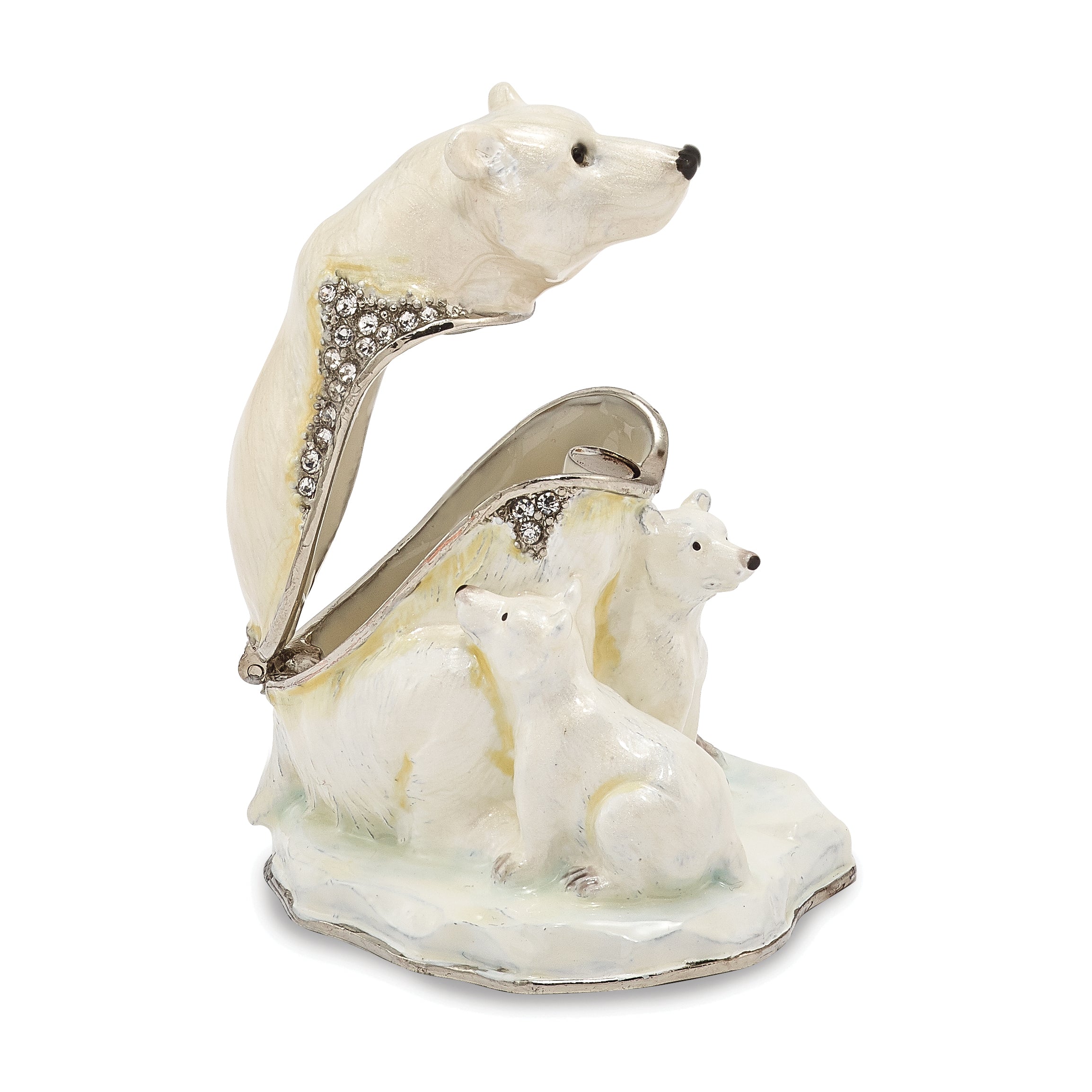 Luxury Giftware Pewter Bejeweled Crystals Silver-tone Enameled MAMA BEAR w/AVA & ASHER Polar Bears Trinket Box with Matching 18 Inch Necklace