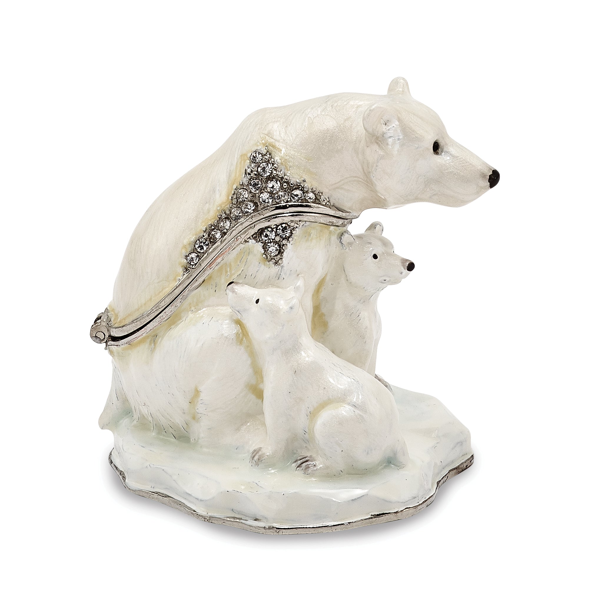 Luxury Giftware Pewter Bejeweled Crystals Silver-tone Enameled MAMA BEAR w/AVA & ASHER Polar Bears Trinket Box with Matching 18 Inch Necklace