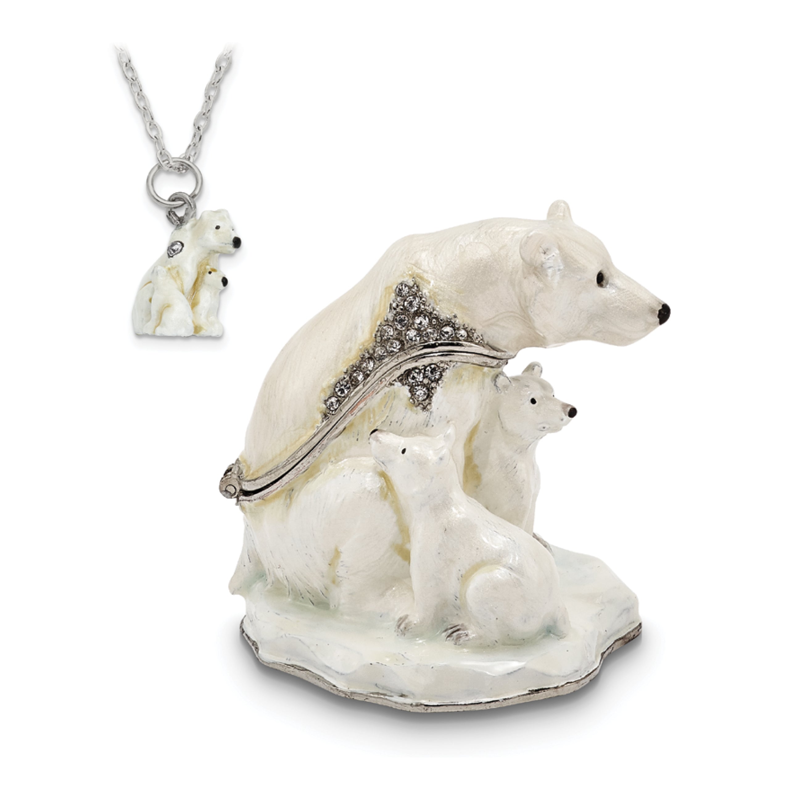 Luxury Giftware Pewter Bejeweled Crystals Silver-tone Enameled MAMA BEAR w/AVA & ASHER Polar Bears Trinket Box with Matching 18 Inch Necklace