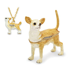 Luxury Giftware Pewter Bejeweled Crystals Gold-tone Enameled SAMSON Chihuahua Trinket Box with Matching 18 Inch Necklace