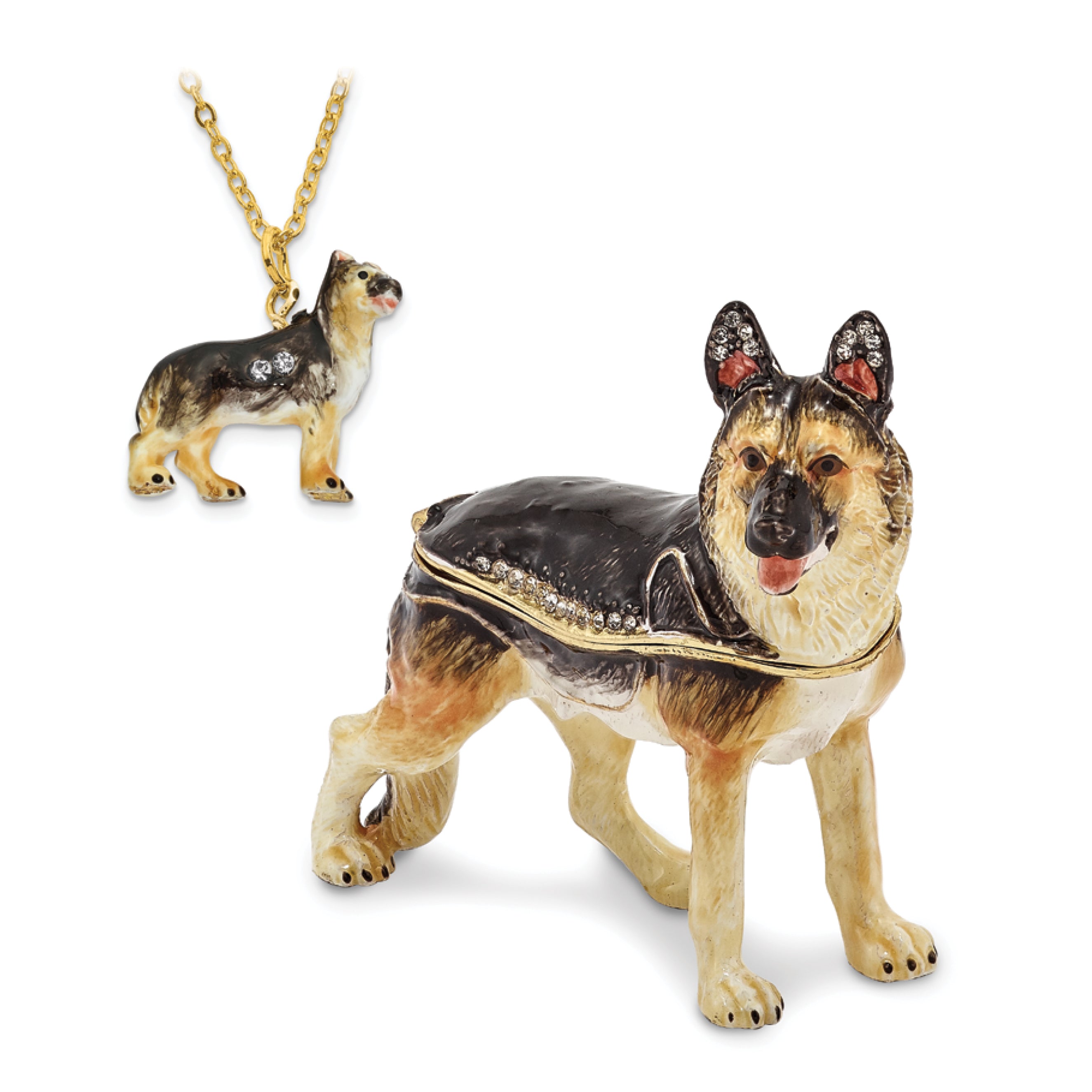 Luxury Giftware Pewter Bejeweled Crystals Gold-tone Enameled ZEUS German Shepherd Trinket Box with Matching 18 Inch Necklace