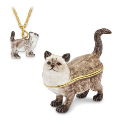 Luxury Giftware Pewter Bejeweled Crystals Gold-tone Enameled LAYSA Himalayan Cat Trinket Box with Matching 18 Inch Necklace