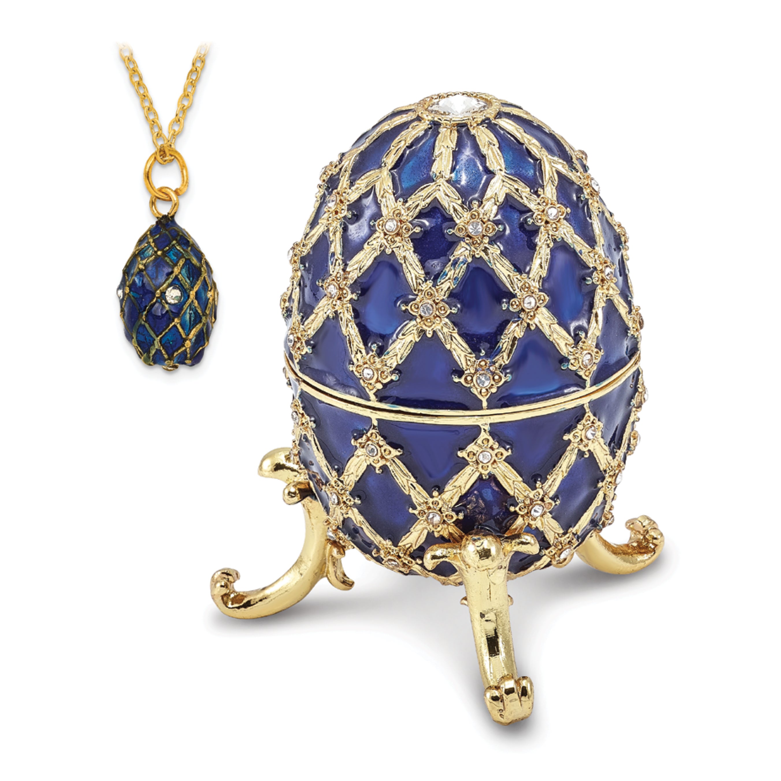 Luxury Giftware Pewter Bejeweled Crystals Gold-tone Enameled GRAND ROYAL BLUE (Plays Unchained Melody) Musical Egg with Matching 18 Inch Necklace