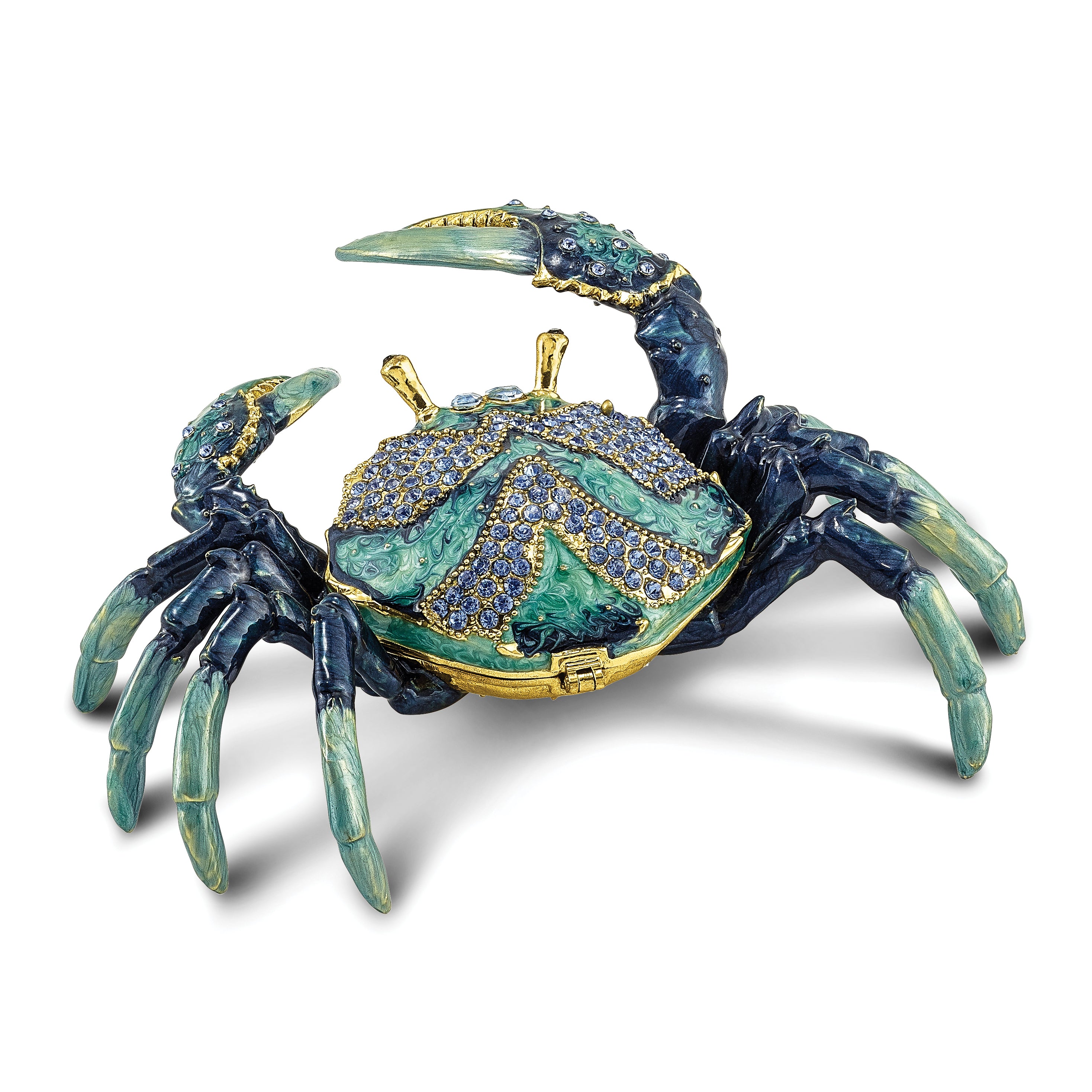 Luxury Giftware Pewter Bejeweled Crystals Gold-tone Enameled CHESAPEAKE Blue Crab Trinket Box with Matching 18 Inch Necklace