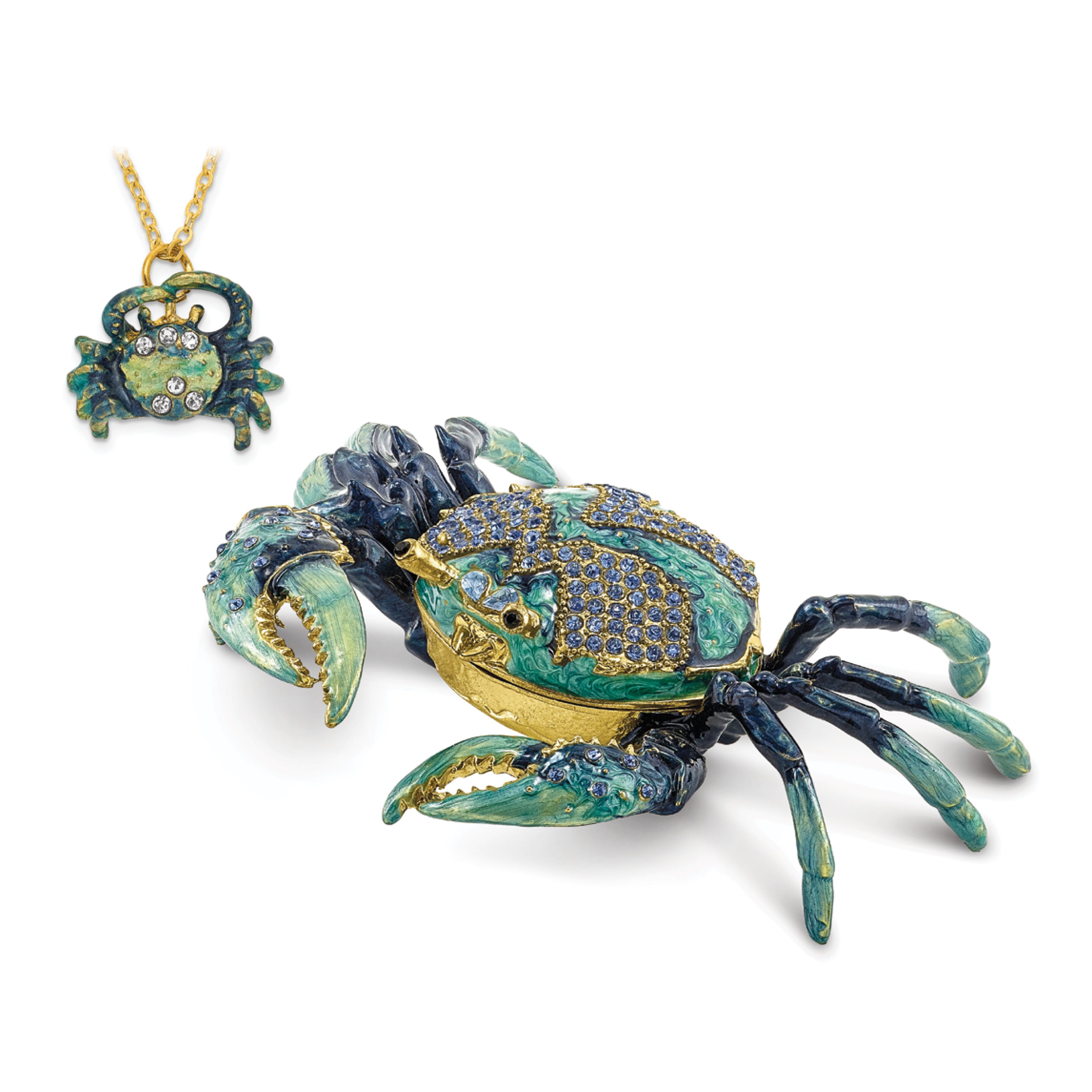 Luxury Giftware Pewter Bejeweled Crystals Gold-tone Enameled CHESAPEAKE Blue Crab Trinket Box with Matching 18 Inch Necklace