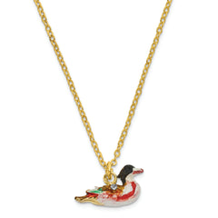 Luxury Giftware Pewter Bejeweled Crystals Gold-tone Enameled WILSON Wood Duck Trinket Box with Matching 18 Inch Necklace