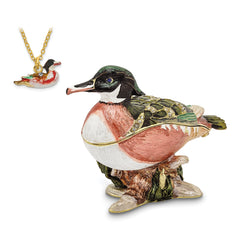 Luxury Giftware Pewter Bejeweled Crystals Gold-tone Enameled WILSON Wood Duck Trinket Box with Matching 18 Inch Necklace