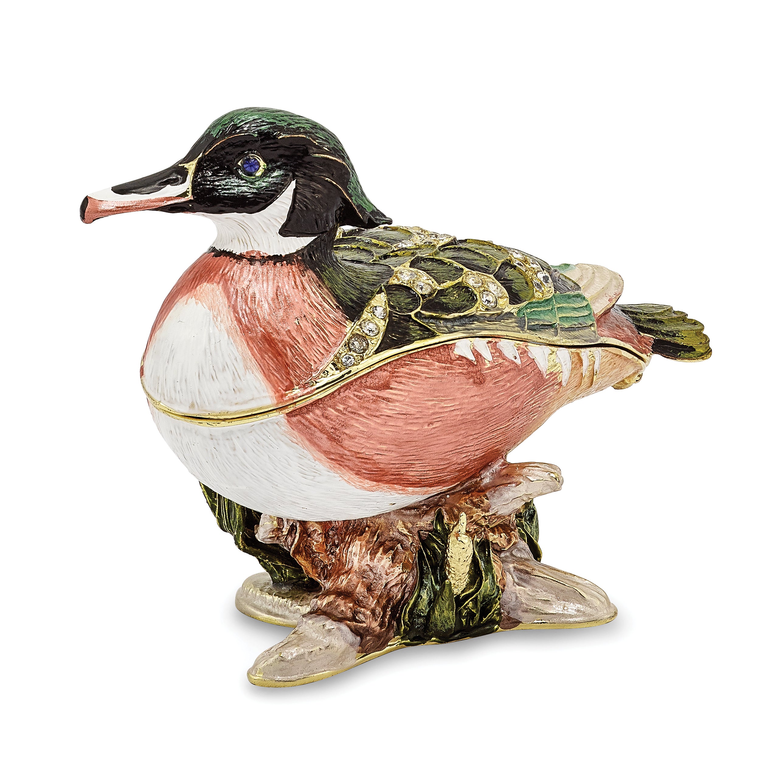 Luxury Giftware Pewter Bejeweled Crystals Gold-tone Enameled WILSON Wood Duck Trinket Box with Matching 18 Inch Necklace