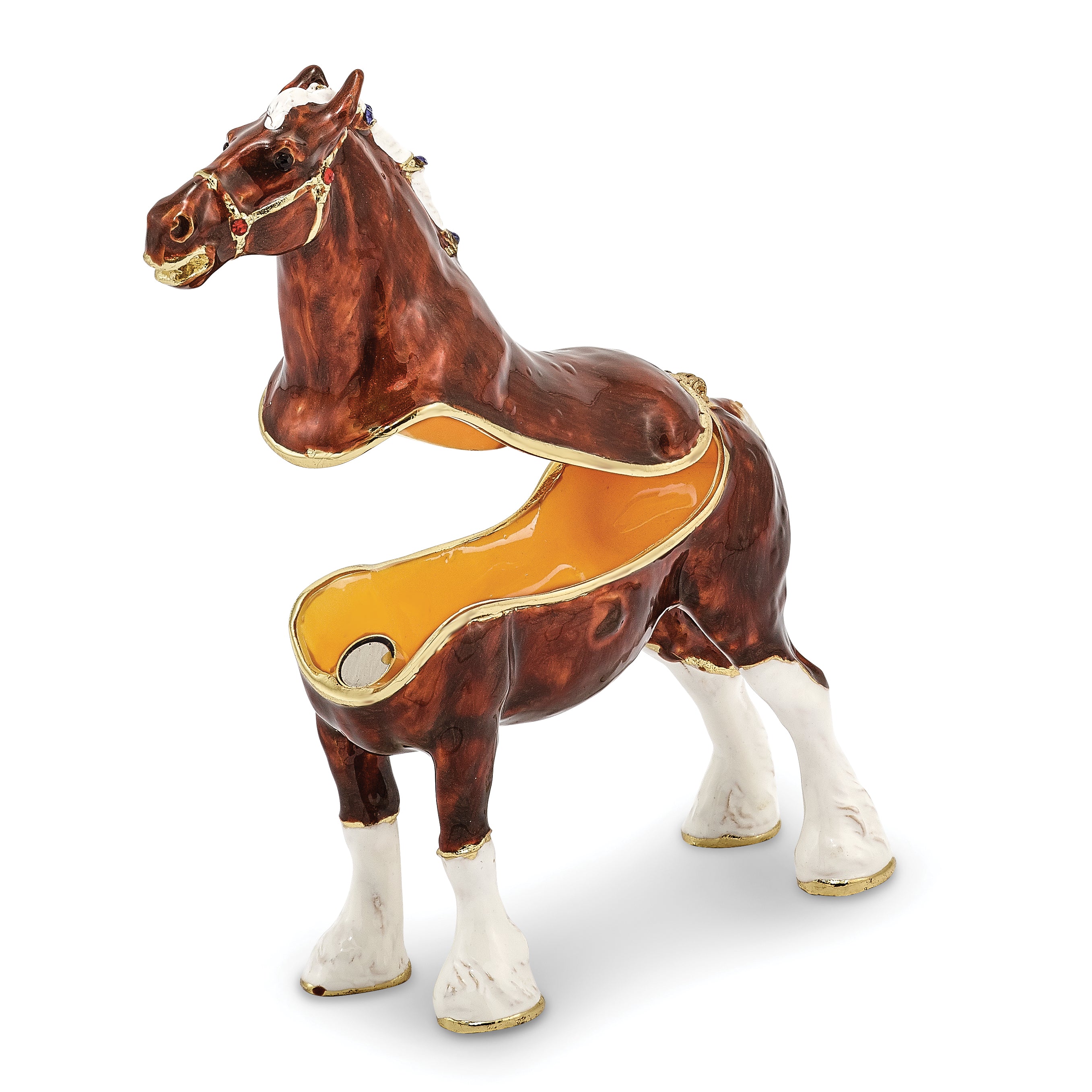 Luxury Giftware Pewter Bejeweled Crystals Gold-tone Enameled BUD Clydesdale Horse Trinket Box with Matching 18 Inch Necklace