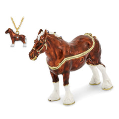 Luxury Giftware Pewter Bejeweled Crystals Gold-tone Enameled BUD Clydesdale Horse Trinket Box with Matching 18 Inch Necklace