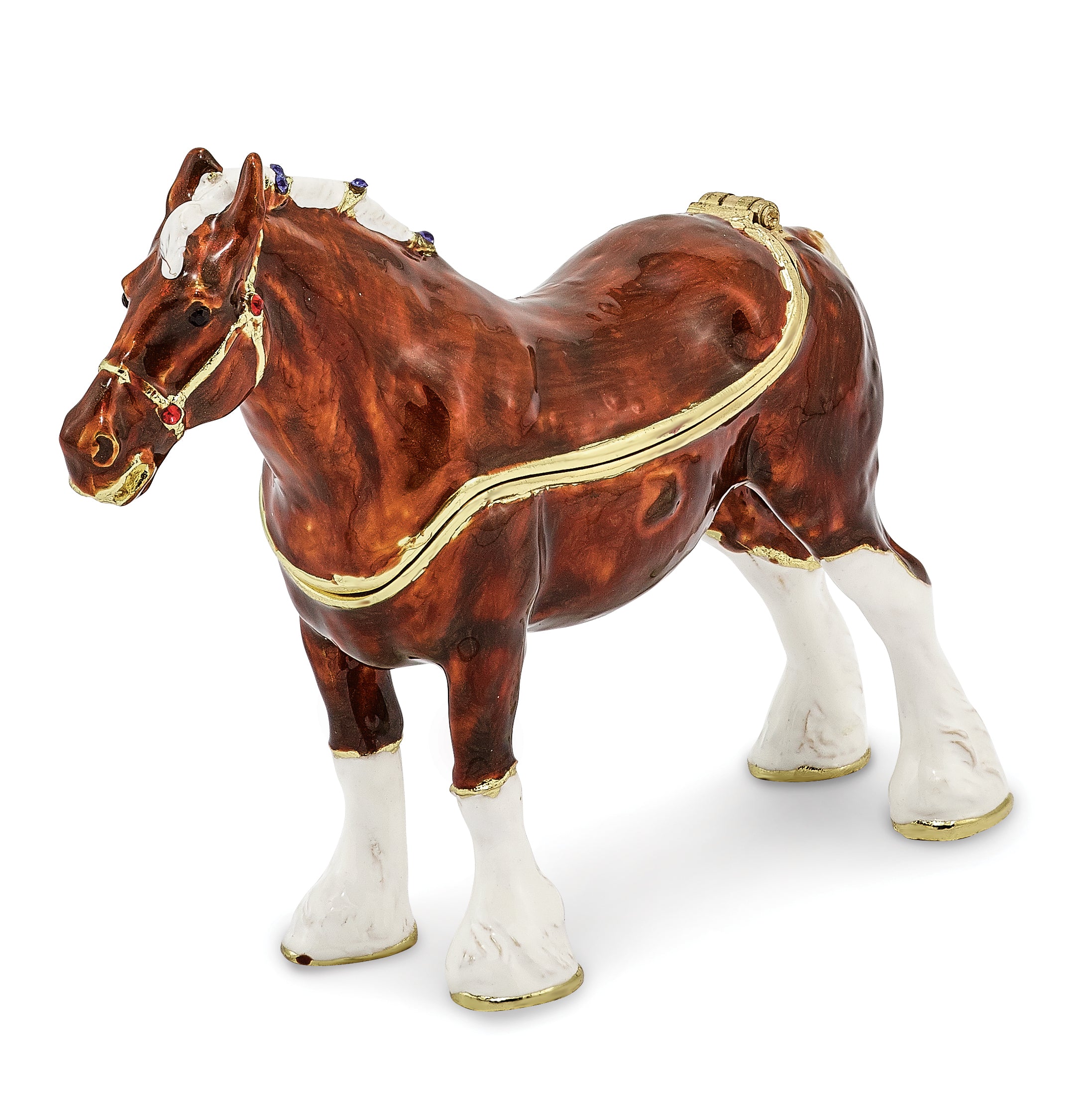 Luxury Giftware Pewter Bejeweled Crystals Gold-tone Enameled BUD Clydesdale Horse Trinket Box with Matching 18 Inch Necklace