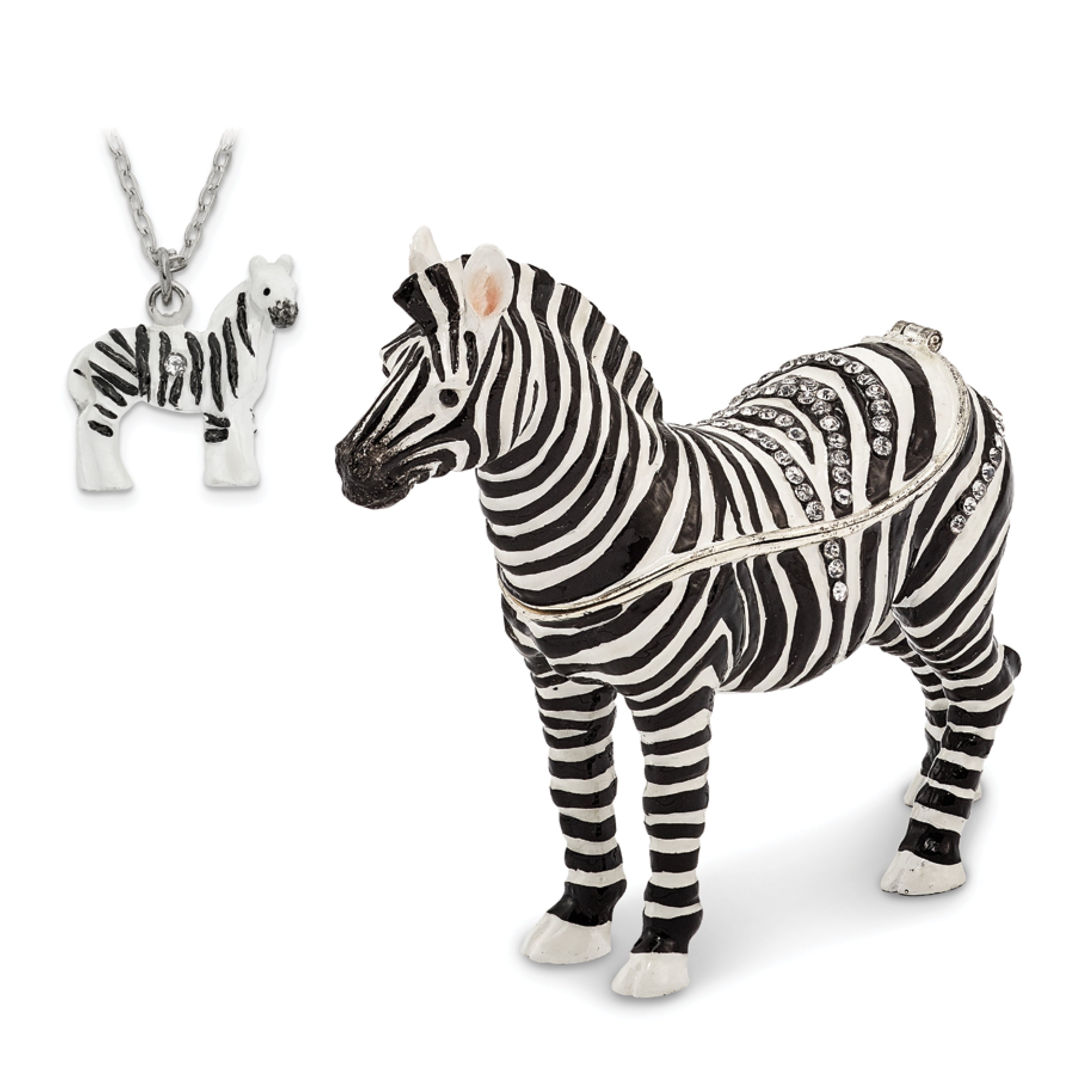 Luxury Giftware Pewter Bejeweled Crystals Silver-tone Enameled ZACH Zebra Trinket Box with Matching 18 Inch Necklace