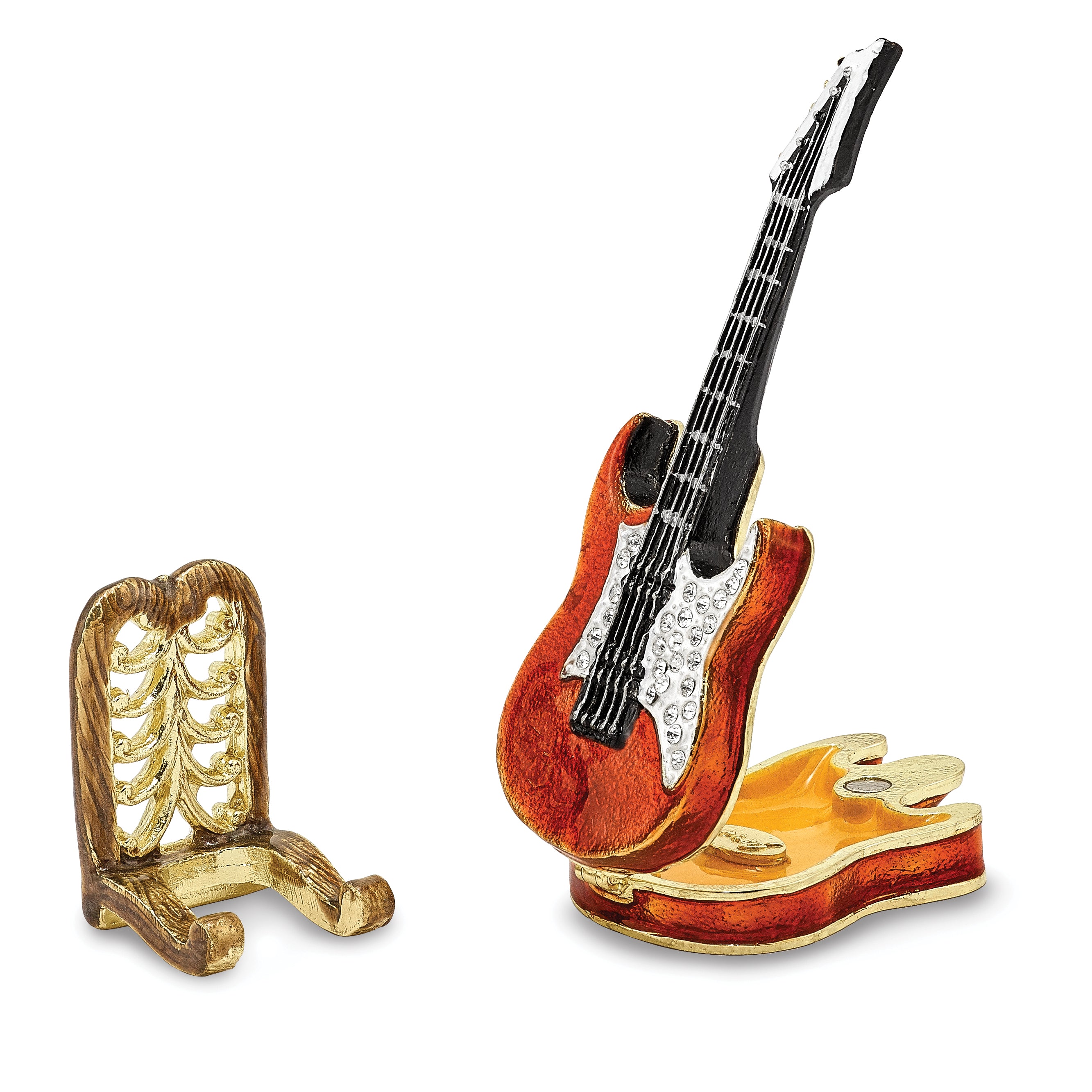 Luxury Giftware Pewter Bejeweled Crystals Gold-tone Enameled STRUMMIN' TUNES Red Guitar Trinket Box with Matching 18 Inch Necklace