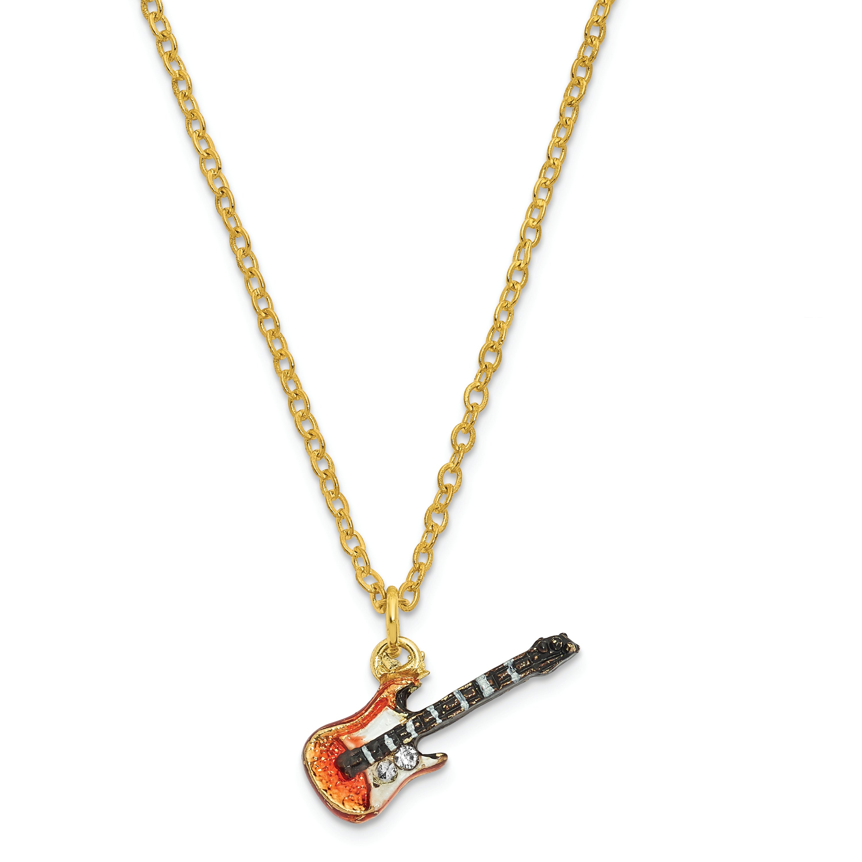 Luxury Giftware Pewter Bejeweled Crystals Gold-tone Enameled STRUMMIN' TUNES Red Guitar Trinket Box with Matching 18 Inch Necklace