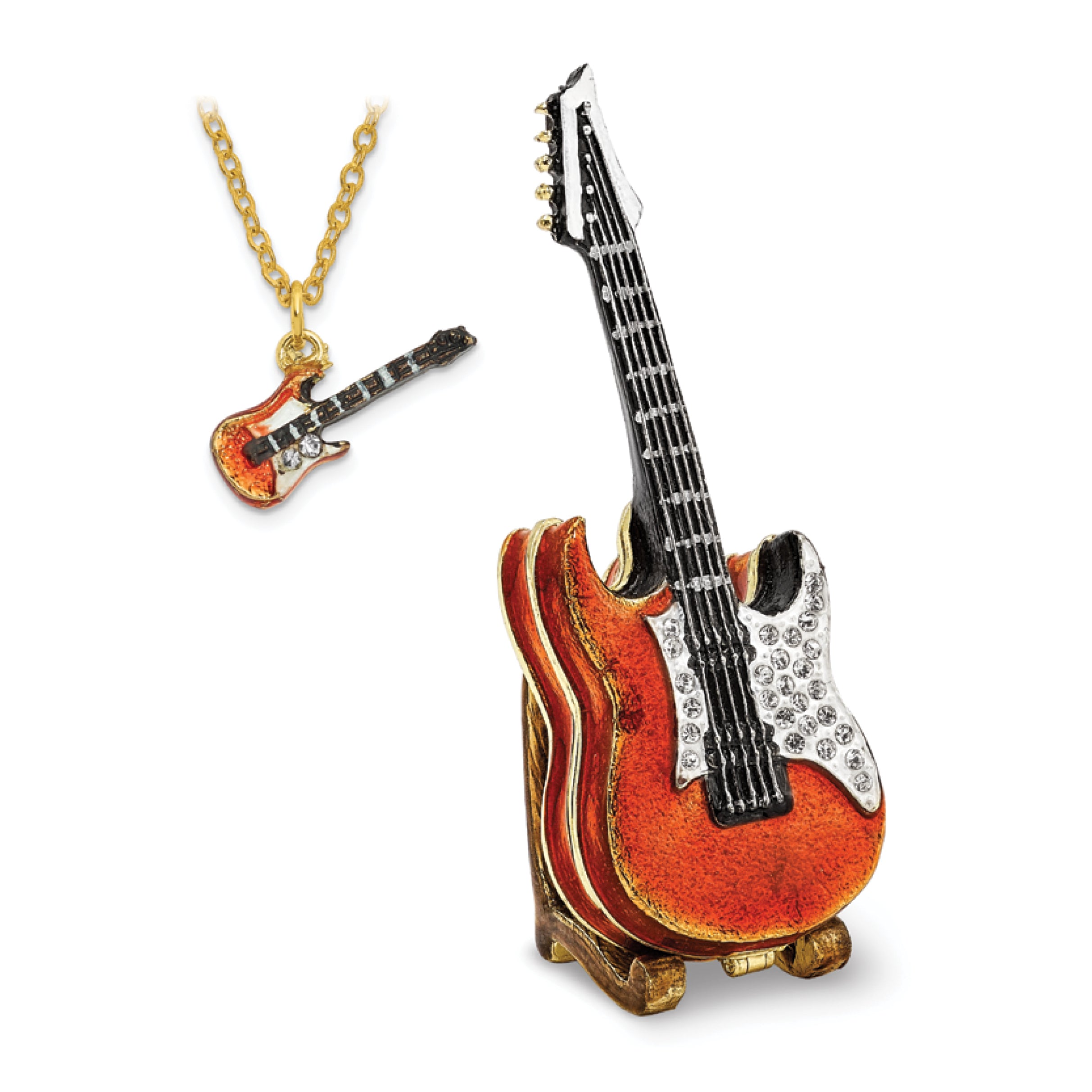 Luxury Giftware Pewter Bejeweled Crystals Gold-tone Enameled STRUMMIN' TUNES Red Guitar Trinket Box with Matching 18 Inch Necklace