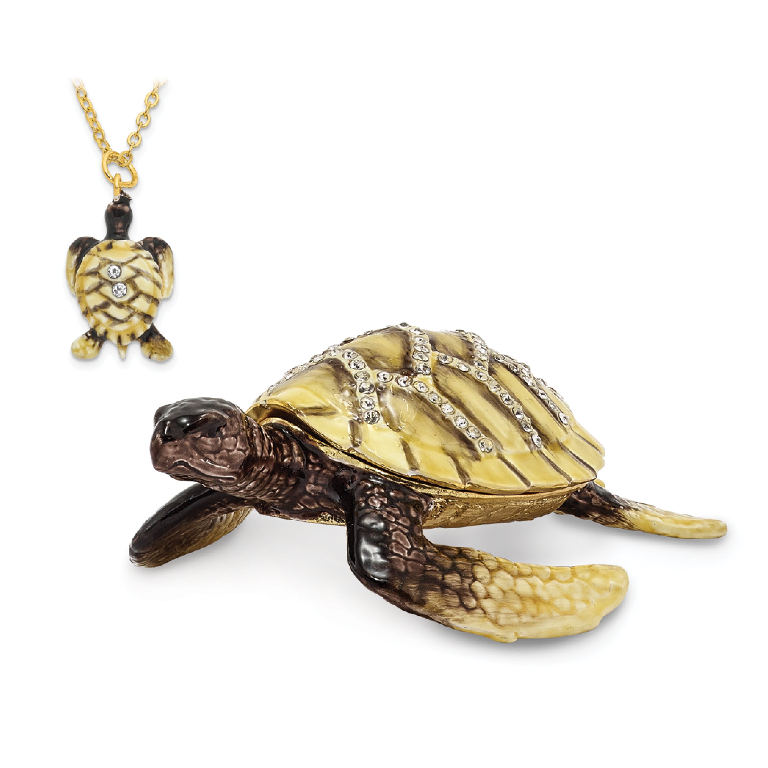 Luxury Giftware Pewter Bejeweled Crystals Gold-tone Enameled YELLOW SUN Sea Turtle Trinket Box with Matching 18 Inch Necklace