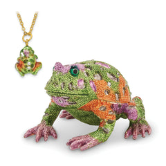 Luxury Giftware Pewter Bejeweled Crystals Gold-tone Enameled PEACE Psychedelic Frog Trinket Box with Matching 18 Inch Necklace