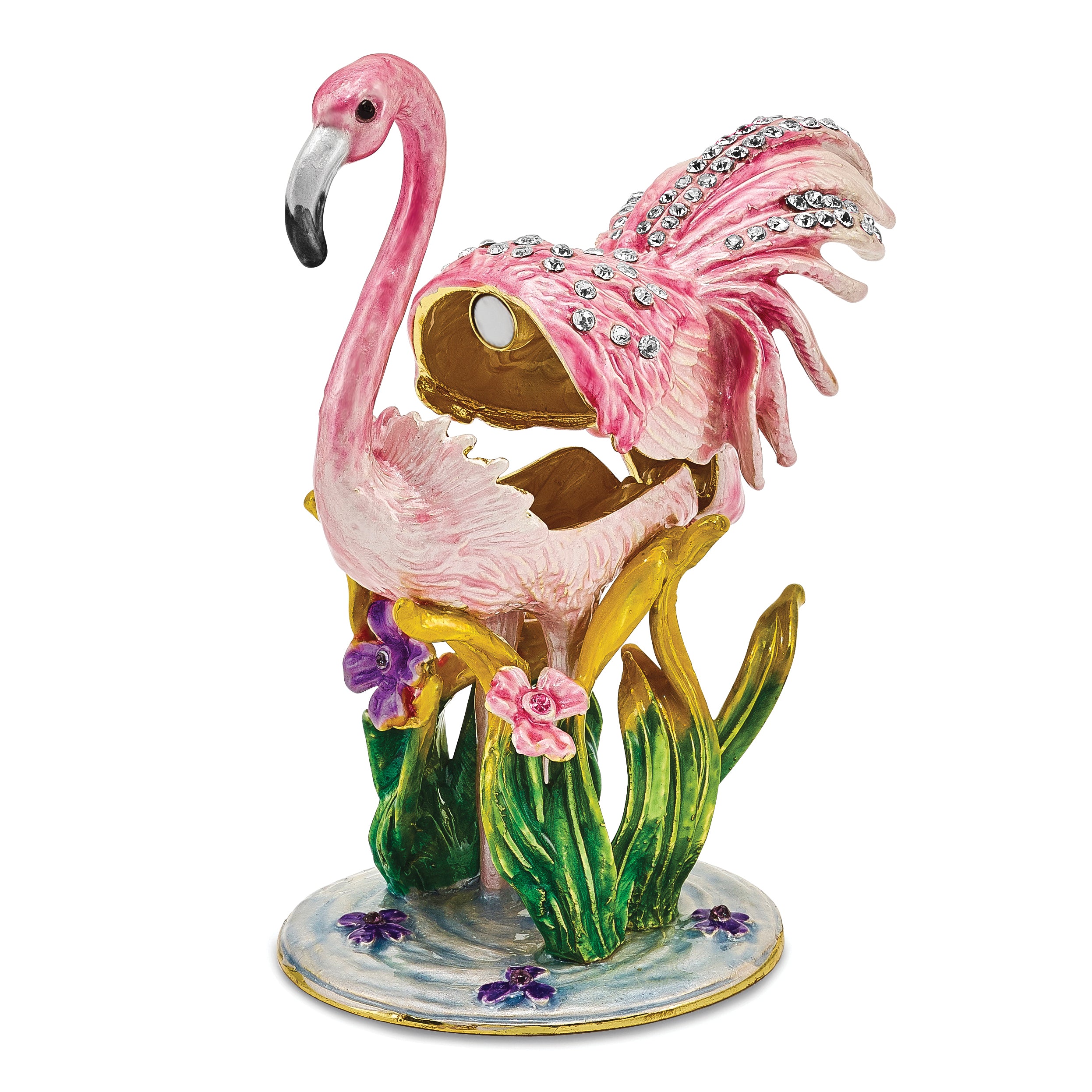 Luxury Giftware Pewter Bejeweled Crystals Gold-tone Enameled JEZEBEL Pink Flamingo Trinket Box with Matching 18 Inch Necklace