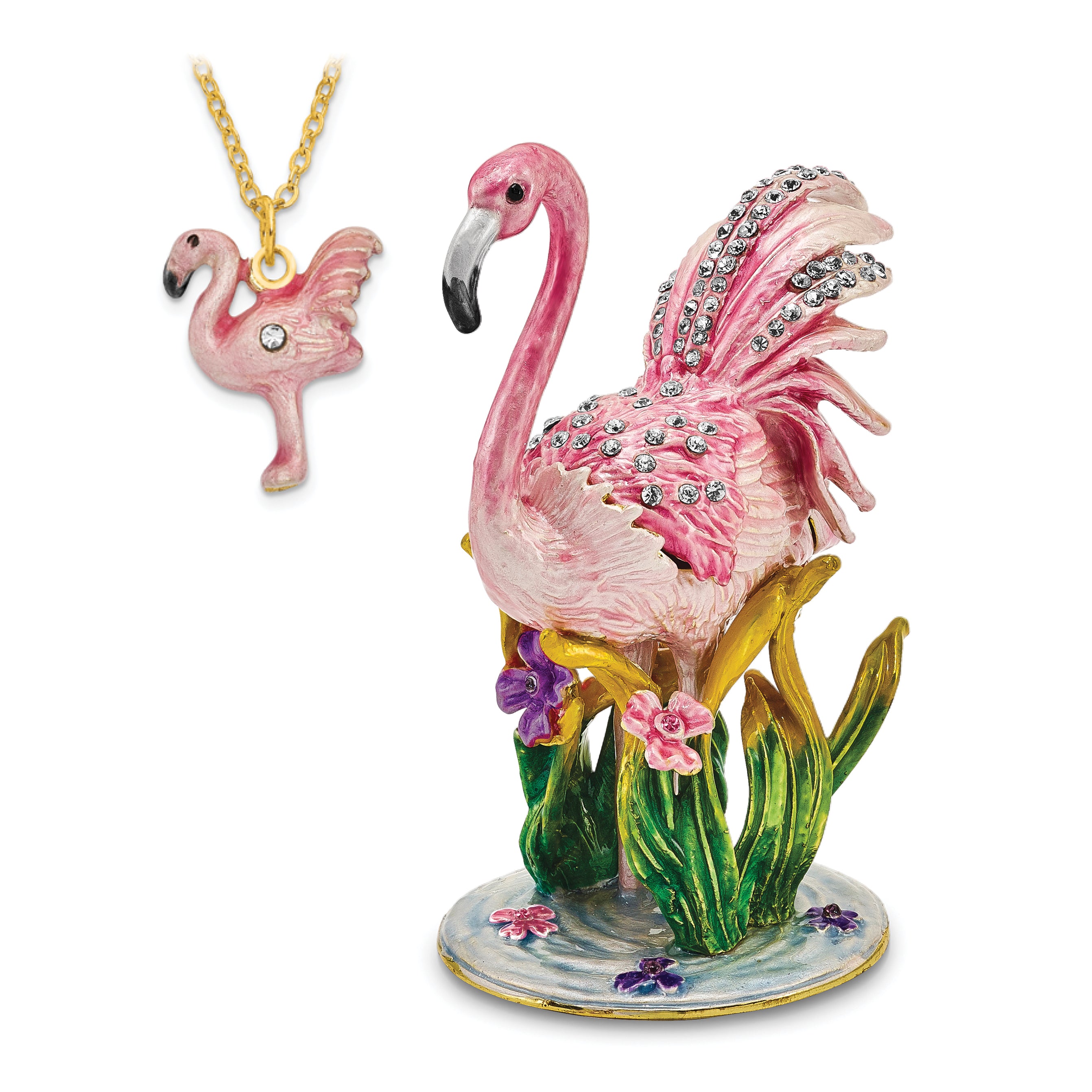 Luxury Giftware Pewter Bejeweled Crystals Gold-tone Enameled JEZEBEL Pink Flamingo Trinket Box with Matching 18 Inch Necklace