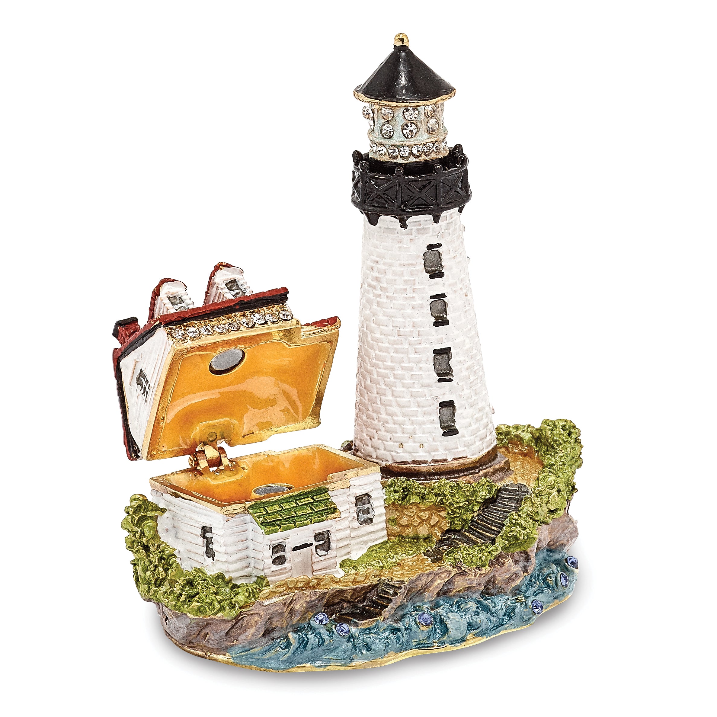 Luxury Giftware Pewter Bejeweled Crystals Gold-tone Enameled LUMI Guiding Lighthouse Trinket Box with Matching 18 Inch Necklace