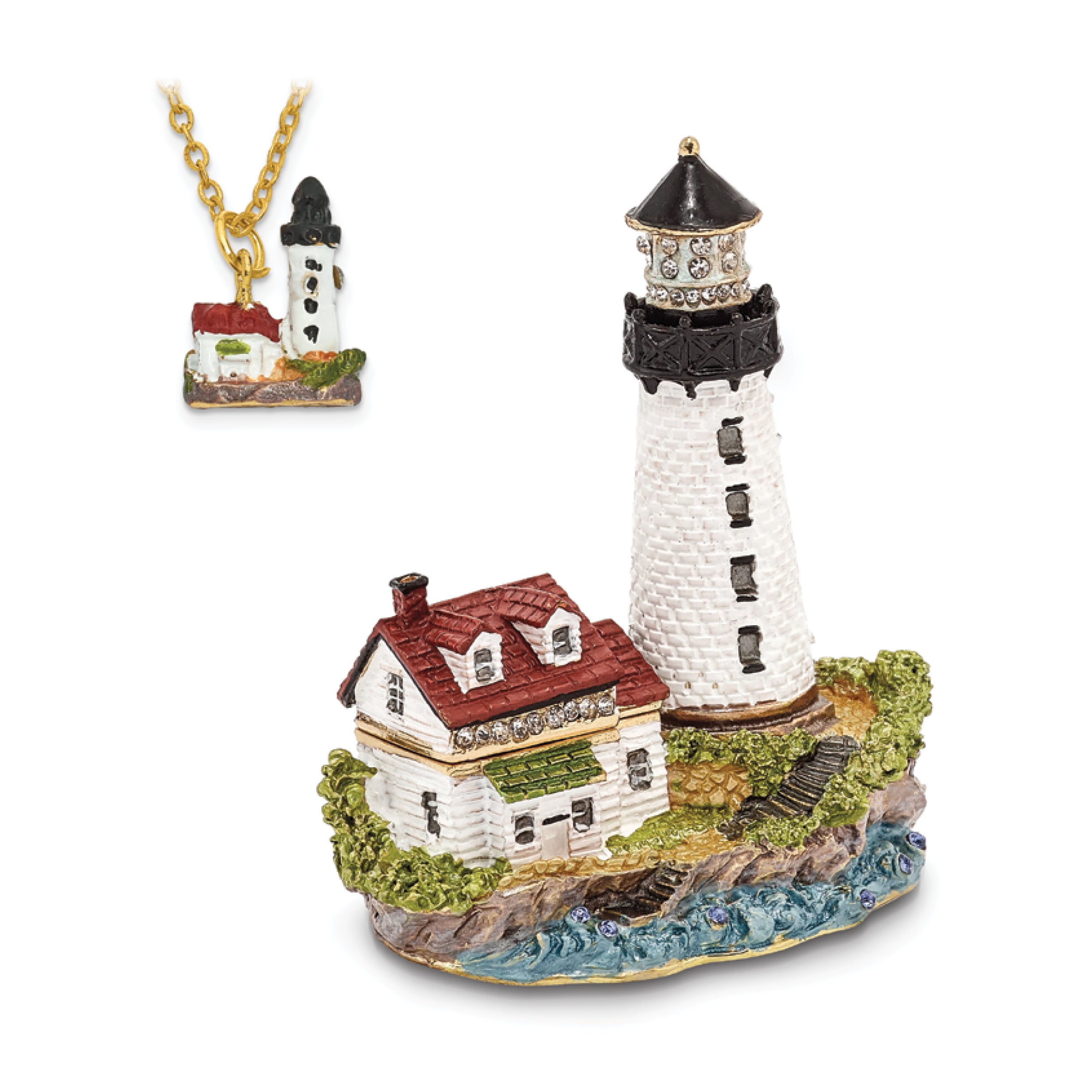 Luxury Giftware Pewter Bejeweled Crystals Gold-tone Enameled LUMI Guiding Lighthouse Trinket Box with Matching 18 Inch Necklace