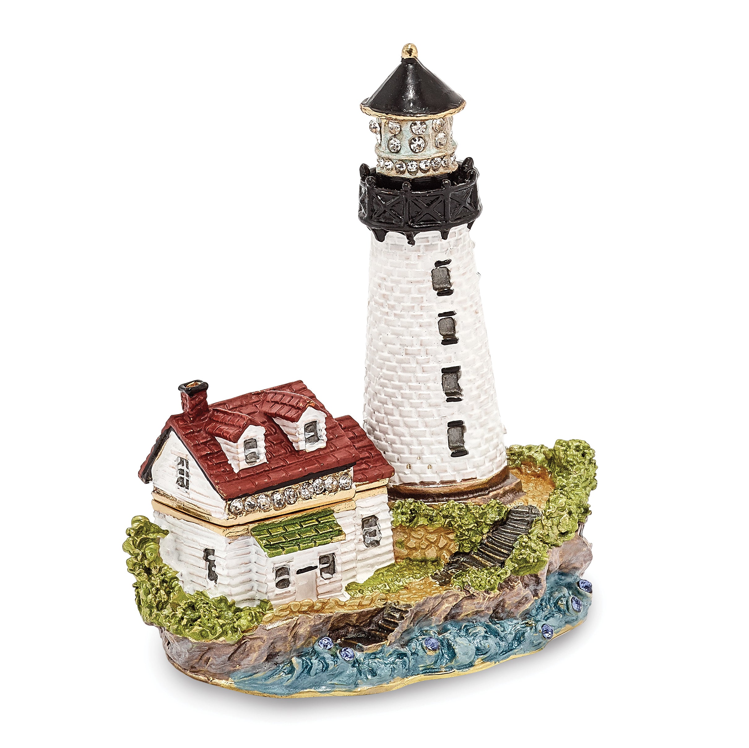 Luxury Giftware Pewter Bejeweled Crystals Gold-tone Enameled LUMI Guiding Lighthouse Trinket Box with Matching 18 Inch Necklace