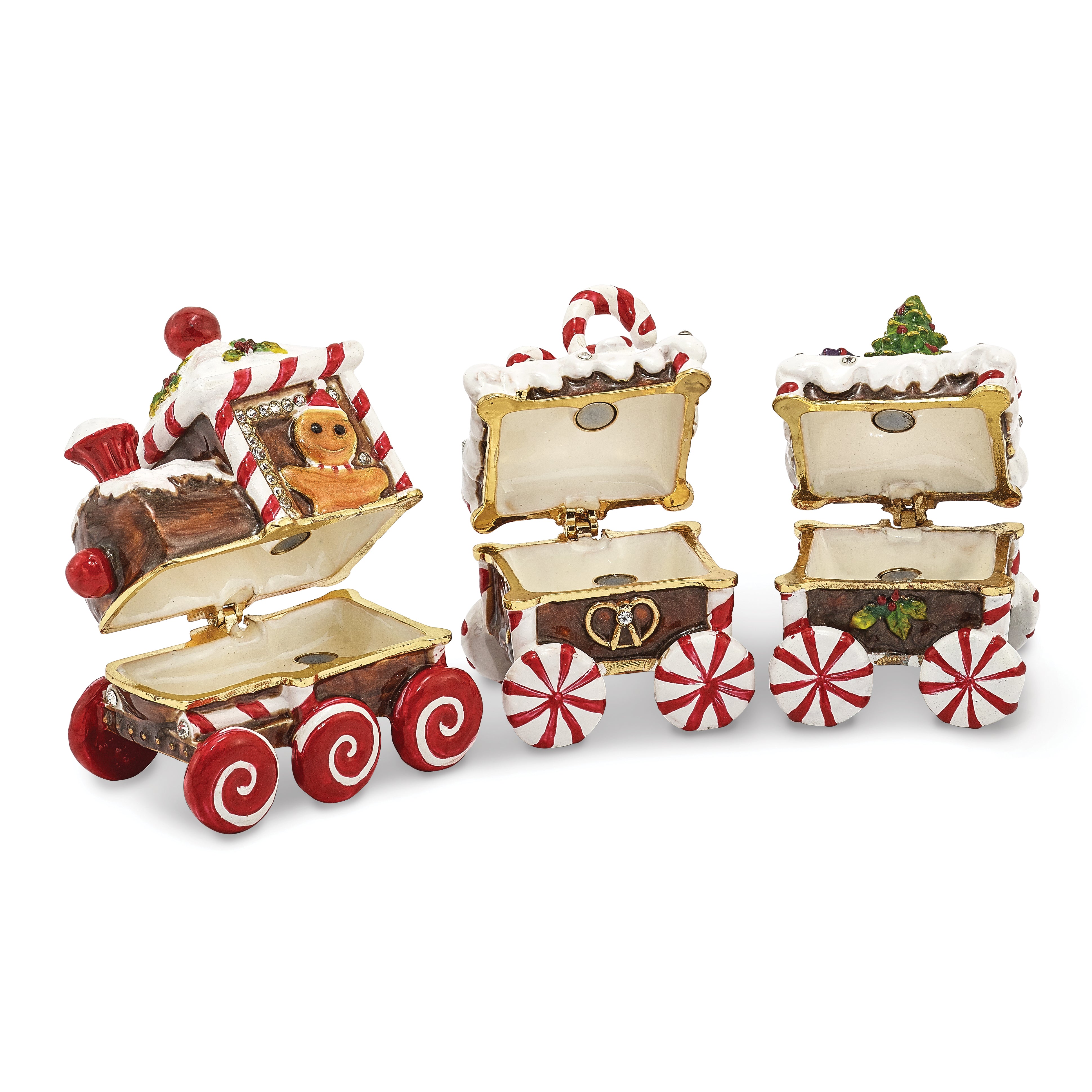 Luxury Giftware Pewter Bejeweled Crystals Gold-tone Enameled CANDY CANE Train Trinket Box with Matching 18 Inch Necklace