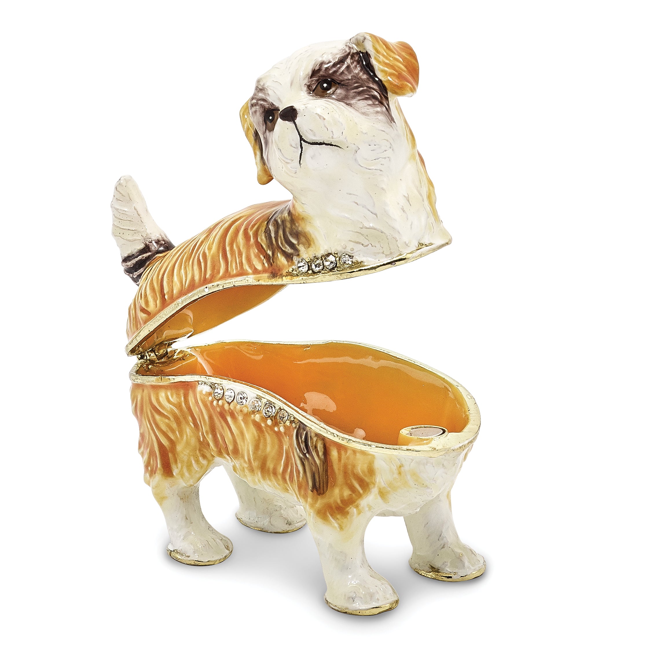 Luxury Giftware Pewter Bejeweled Crystals Gold-tone Enameled SALLY Shih Tzu Trinket Box with Matching 18 Inch Necklace