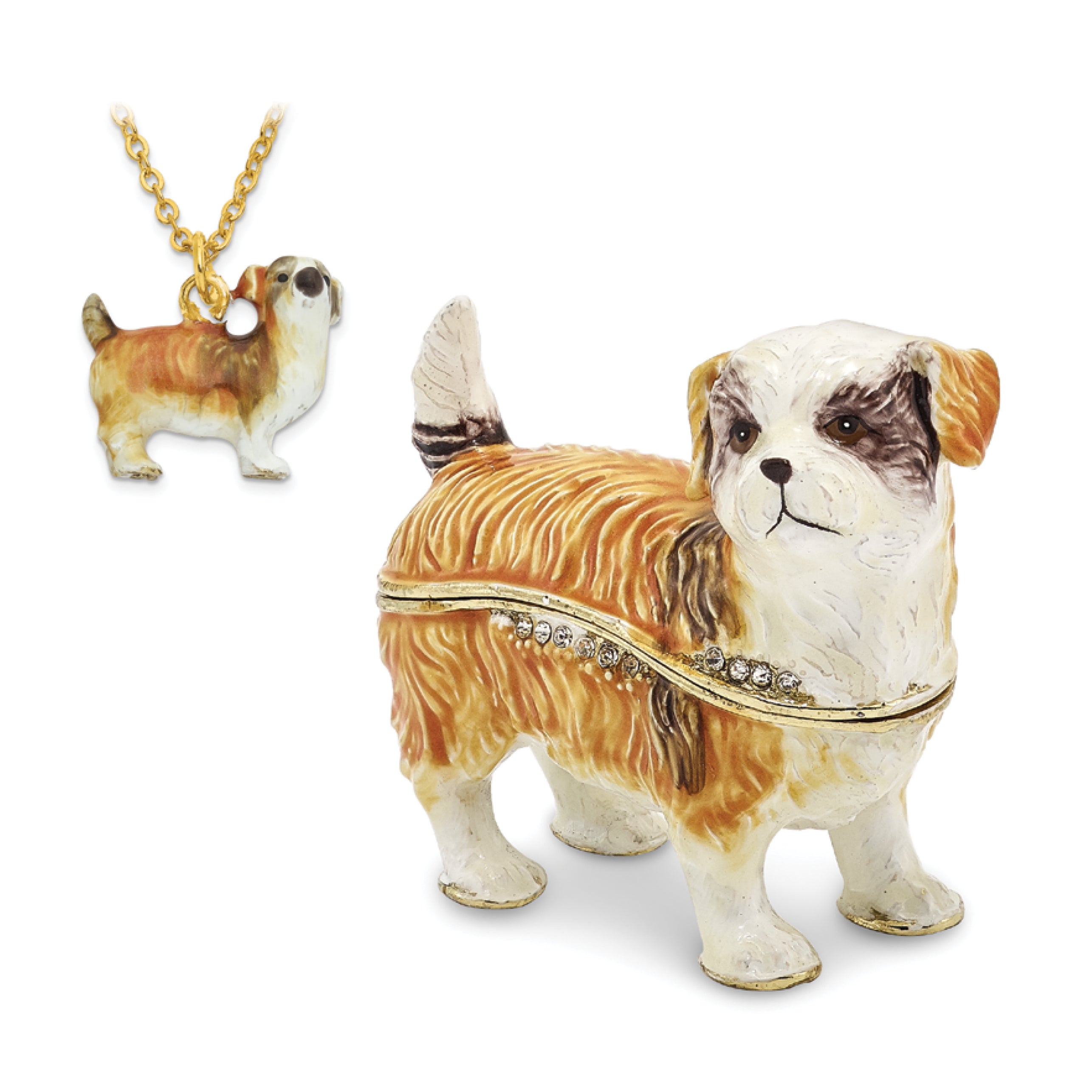 Luxury Giftware Pewter Bejeweled Crystals Gold-tone Enameled SALLY Shih Tzu Trinket Box with Matching 18 Inch Necklace