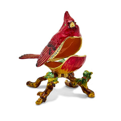 Luxury Giftware Pewter Bejeweled Crystals Gold-tone Enameled CHARLIE Red Cardinal Trinket Box with Matching 18 Inch Necklace