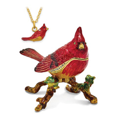 Luxury Giftware Pewter Bejeweled Crystals Gold-tone Enameled CHARLIE Red Cardinal Trinket Box with Matching 18 Inch Necklace