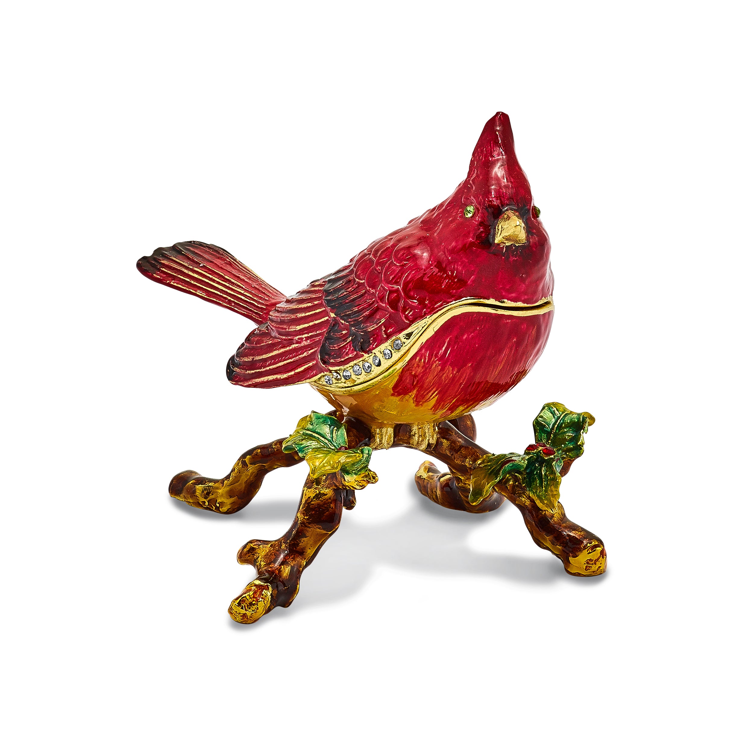 Luxury Giftware Pewter Bejeweled Crystals Gold-tone Enameled CHARLIE Red Cardinal Trinket Box with Matching 18 Inch Necklace