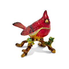 Luxury Giftware Pewter Bejeweled Crystals Gold-tone Enameled CHARLIE Red Cardinal Trinket Box with Matching 18 Inch Necklace